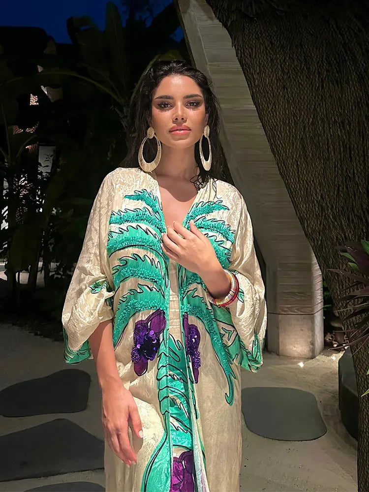Fashion Women's Spring Print V-Neck Contrast Maxi Dress - Slim Fit Long Sleeve Elegant Vestidos for Vacation, Streetwear & Casual Outings