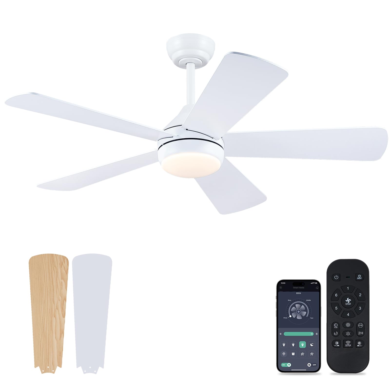 Asyko 46 Inch White Ceiling Fan with Light Kit and Remote/APP Control - Low Profile Flush Mount Indoor Outdoor Ceiling Fan - Reversible DC Motor, 6 Speed Settings, 5 Blades - Modern Ceiling Light Fixture for Bedroom, Living Room, Patio and Covered Porch