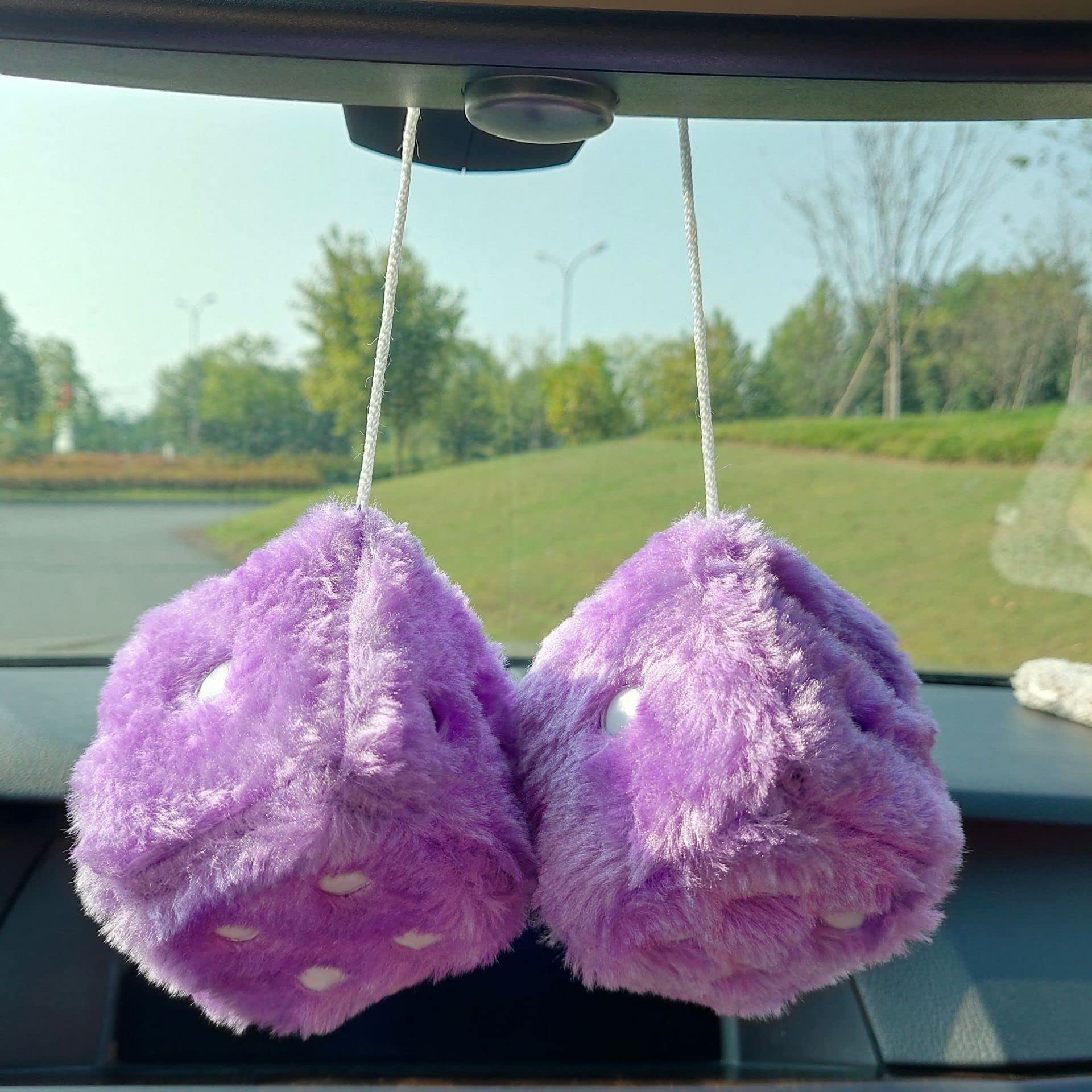 3” Black & White Polka Dot Fuzzy Plush Dice Mirror Hanging Ornament - Soft Car Decor for Rearview Mirror, Bedroom, or Party Decoration