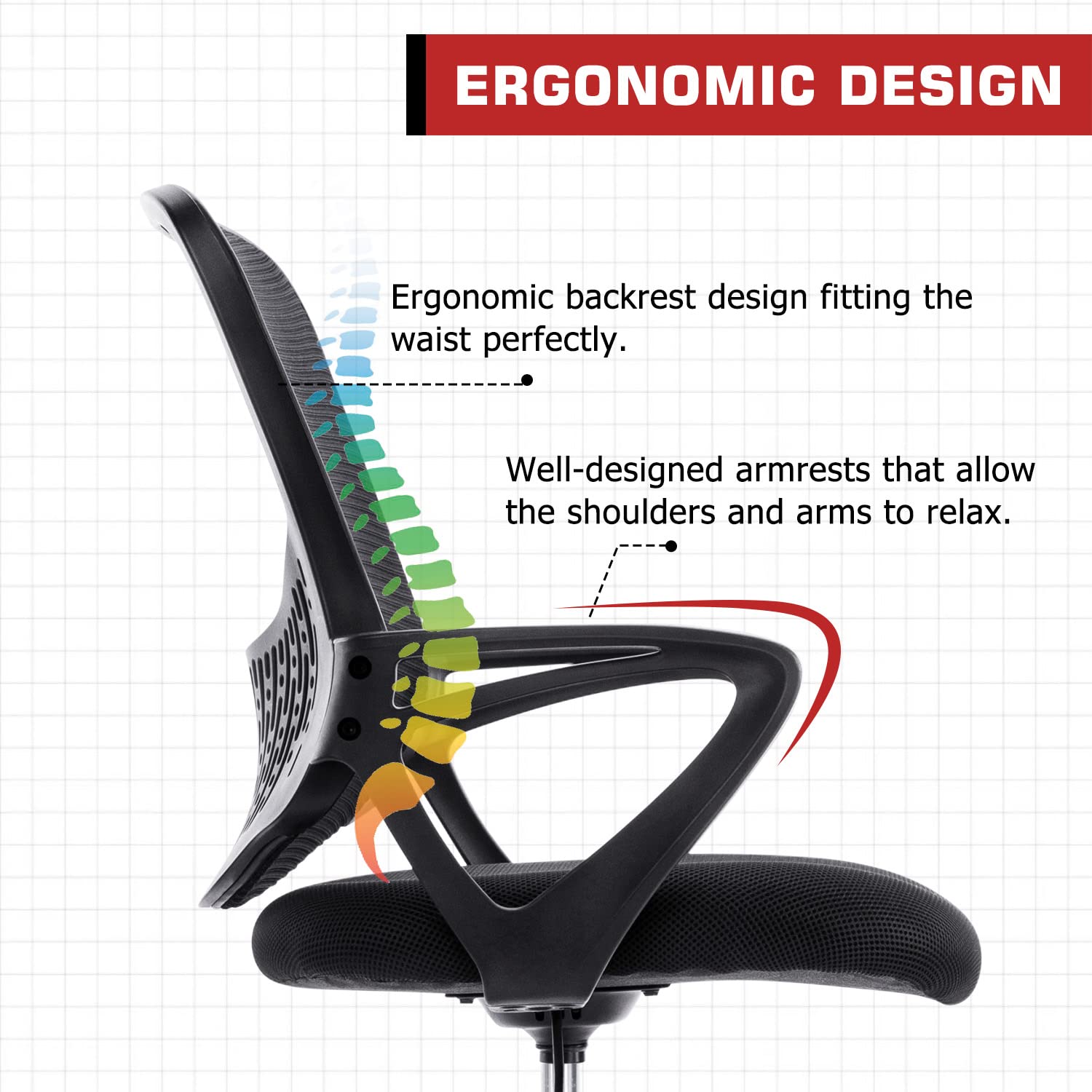 Ergonomic Mid-Back Mesh Drafting Chair - Adjustable Height Office Chair with Lumbar Support, Armrests & Foot Ring for Standing Desks - Black Stool for Artists, Architects & Counter Height Workspaces