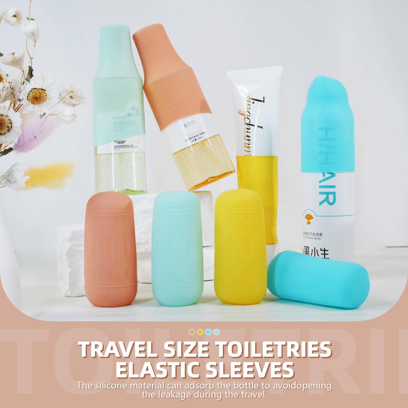 12 Pack Silicone Bottle Covers - Elastic Leak-Proof Sleeves for Travel Toiletries | Cruise & Airplane Essentials | Perfect for Women & Men's Luggage Accessories | Ideal for Shampoo, Lotion & Liquid Containers During Travel