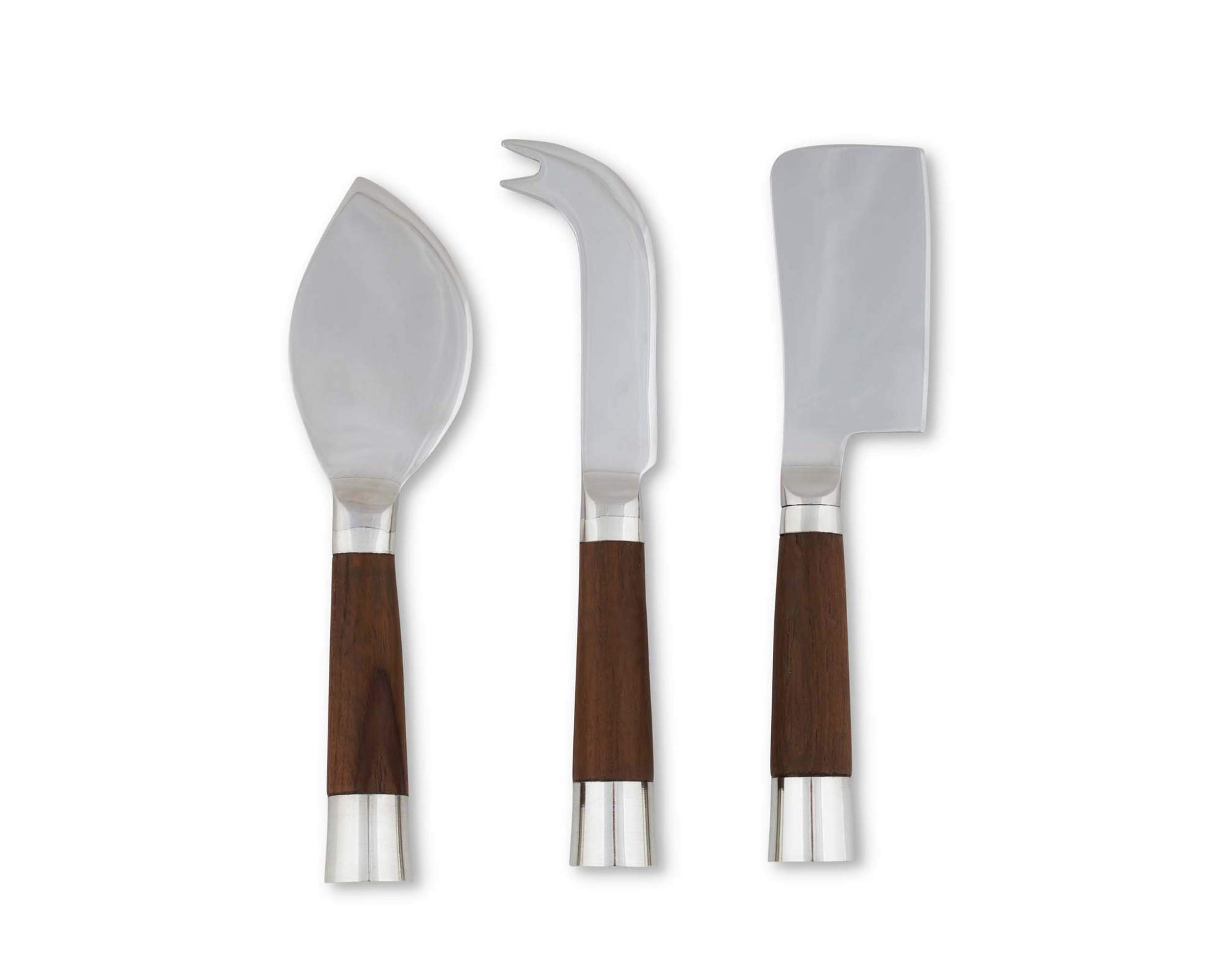Vagabond House Modern Tribeca 3-Piece Cheese Set - Pewter with Teak Handles & Stainless Steel Heads - Knife, Cleaver & Chisel - Mid Century Design - 8 Inch - Perfect for Wine & Cheese Parties, Charcuterie Boards & Gourmet Entertaining