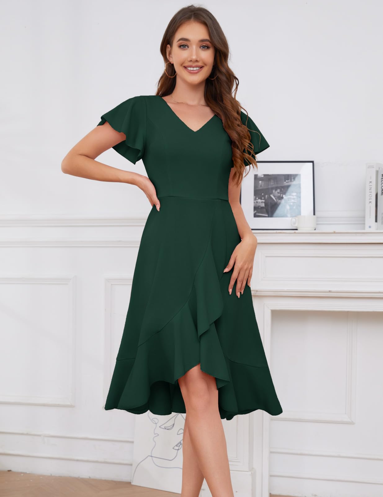 DRESSTELLS Women's Cocktail Dresses 2025 | Formal Wedding Guest Dress with Ruffle Details | V-Neck Vintage Evening Gown for Prom, Party & Special Occasions