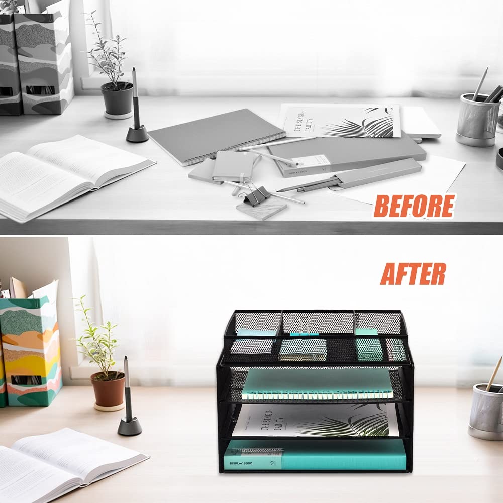 EASEPRES 3-Tier Mesh Paper Organizer Tray with Drawer - Black Desk File Organizer & Letter Sorter for Home Office - Perfect for Bills, Mail, Documents and Office Supplies Storage