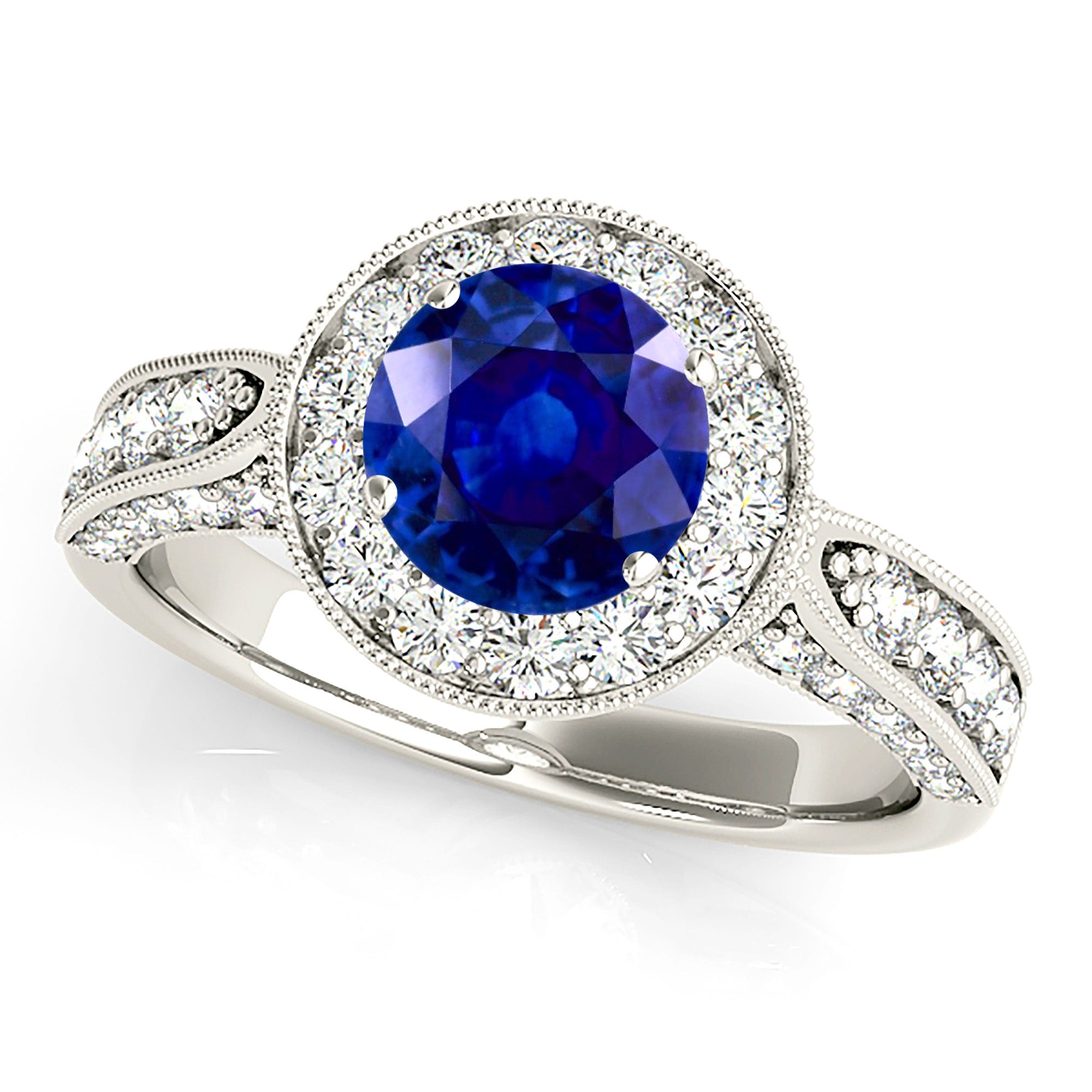 1.35 Carat Genuine Blue Sapphire Milgrain Halo Ring - Elegant Engagement, Wedding, or Anniversary Jewelry Gift for Her