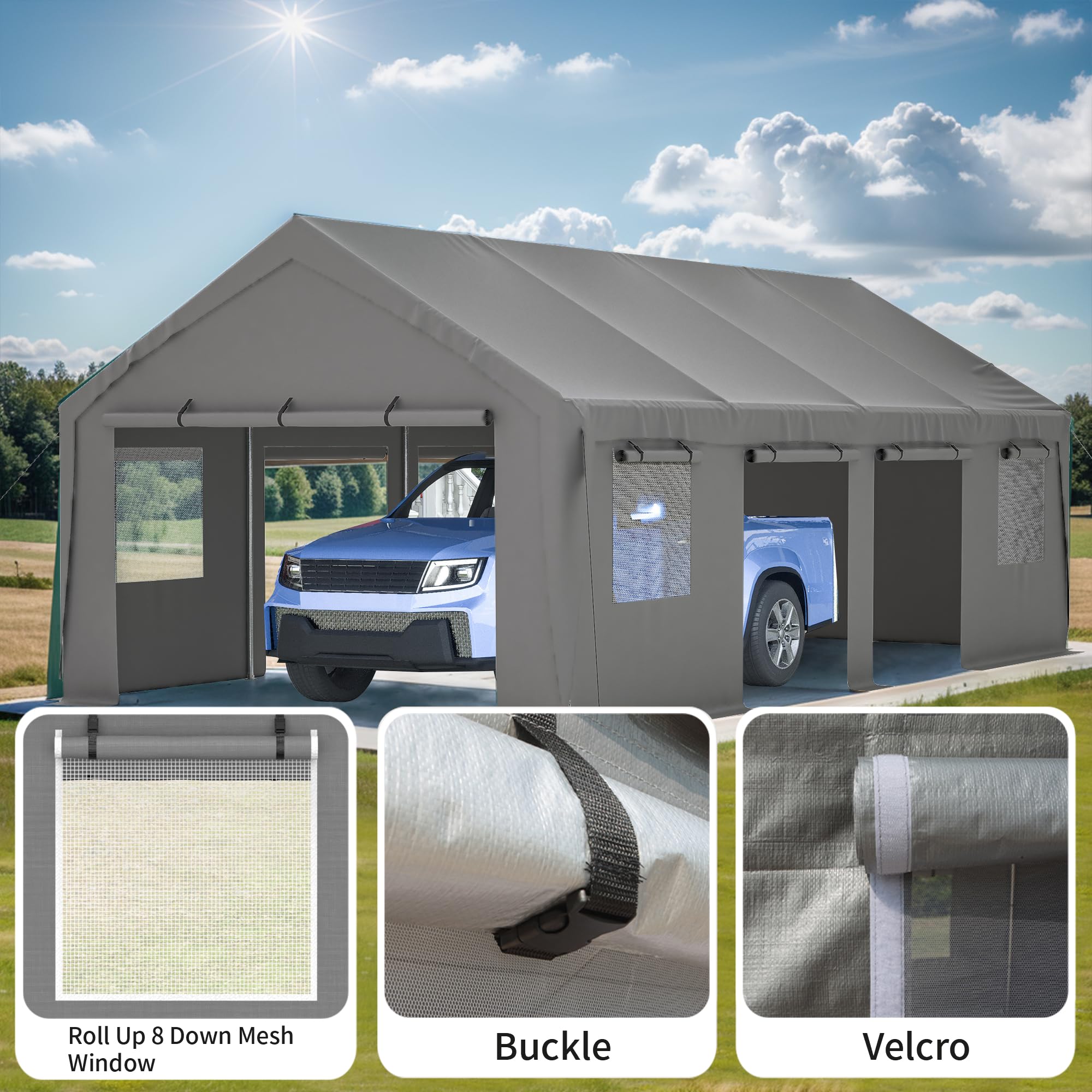 Heavy Duty 25x13 ft Steel Carport with 4 Roll-Up Doors & Windows - Extra Large Portable Outdoor Garage for Pickup Trucks, SUVs, Travel Trailers | Weatherproof Shelter for Camping, RV Storage & Vehicle Protection