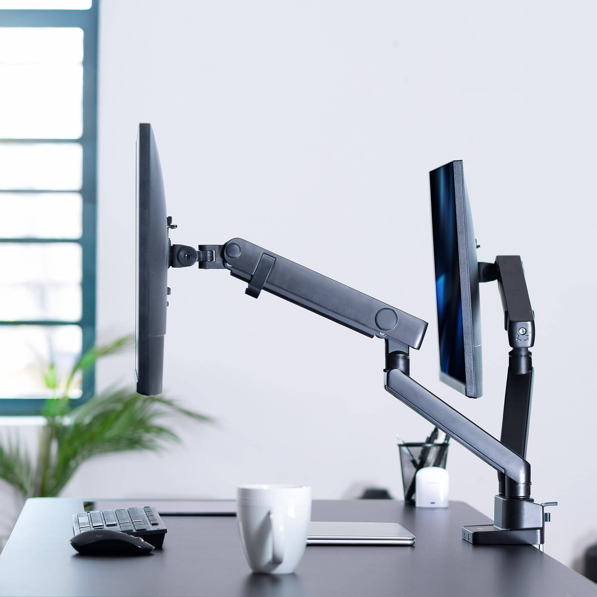 VIVO Premium Aluminum Full Motion Dual Monitor Desk Mount Stand with Lift Engine Arm - Holds Ultrawide Screens up to 35 inches (STAND-V102BB) - Perfect for Home Office, Gaming Setup & Workspace Ergonomics