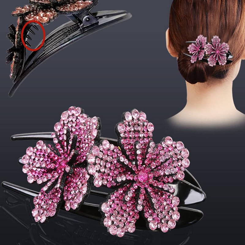 Elegant Rhinestone Hair Clip for Women - Double Flower Crystal Hairpin for Long Thick Hair | Party & Wedding Accessories