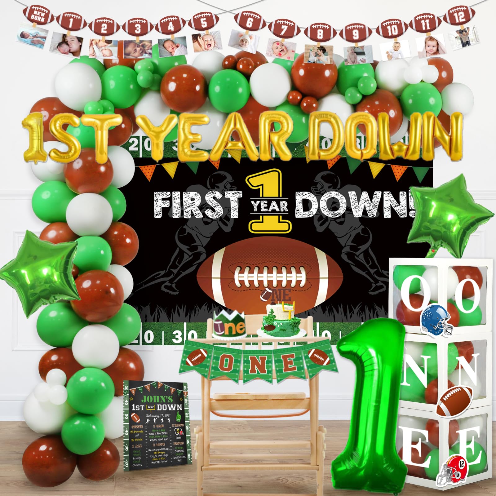 First Birthday Football Party Decorations Set - 136 PCs Balloon Garland, Backdrop, Highchair Banner, Cake Topper & More for Touchdown-Themed 1st Year Celebration | Perfect for Baby Boy's Football Birthday Party Decor & Photo Shoots
