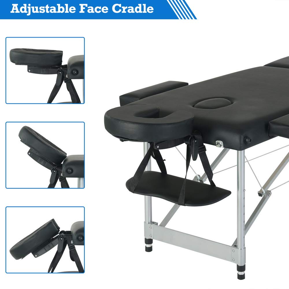 Portable Massage Bed - 84 Inch 3-Fold Adjustable Aluminum Salon Spa Table for Professional Massage & Facial Treatments | Perfect for Home, Salon & Mobile Spa Services (Black)