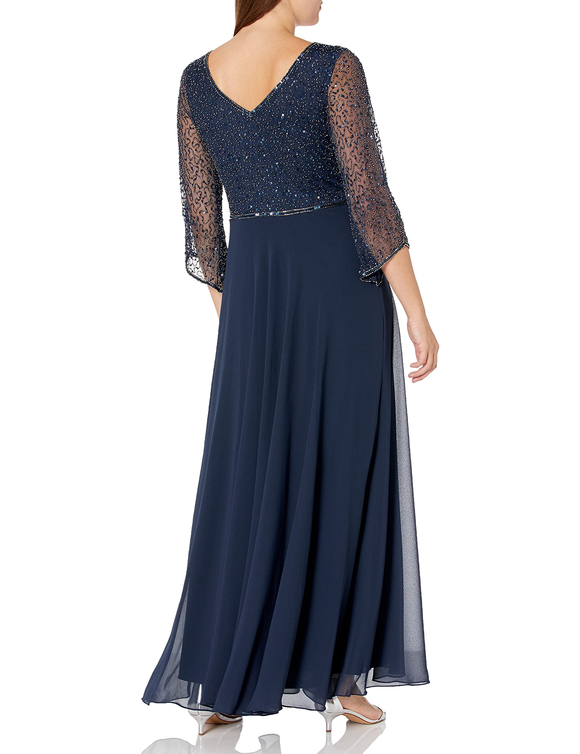 J Kara Women's Elegant 3/4 Sleeve V-Neck Beaded Blouse Long Evening Gown - Perfect for Weddings, Parties & Special Occasions