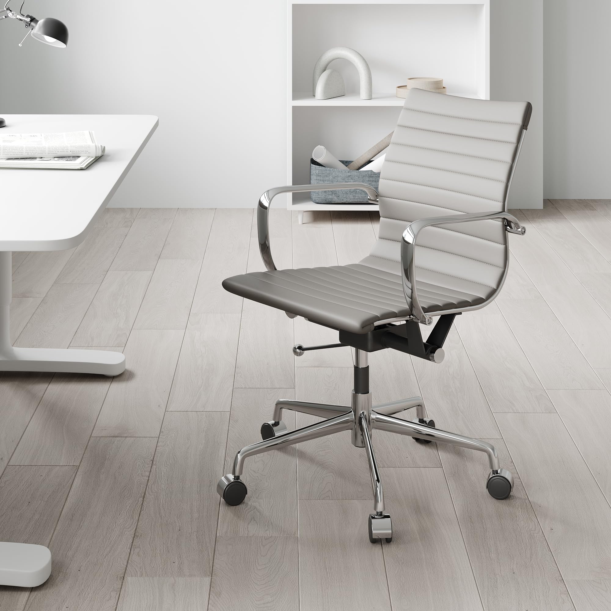 Ergonomic Office Chair with Mid Back Support & Armrests - Adjustable Swivel Vegan Leather Desk Chair for Receptionists - Grey - Perfect for Home Office, Workstations & Conference Rooms