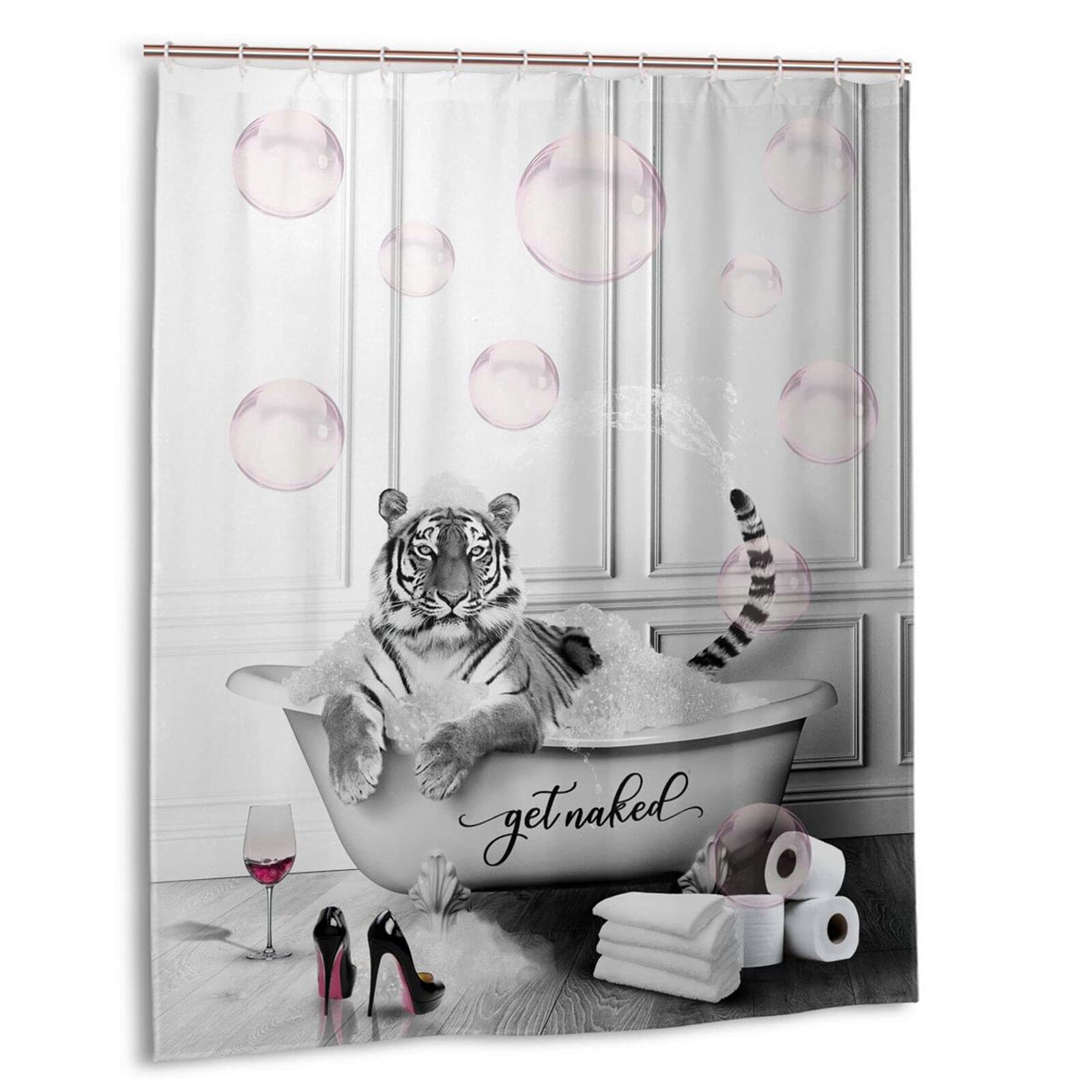 Funny Tiger in Bathtub with Pink Bubbles Shower Curtain - Grey Animal Theme Waterproof Polyester Fabric Bathroom Decor (60x72 Inch) for Kids, Adults & Unique Home Decor