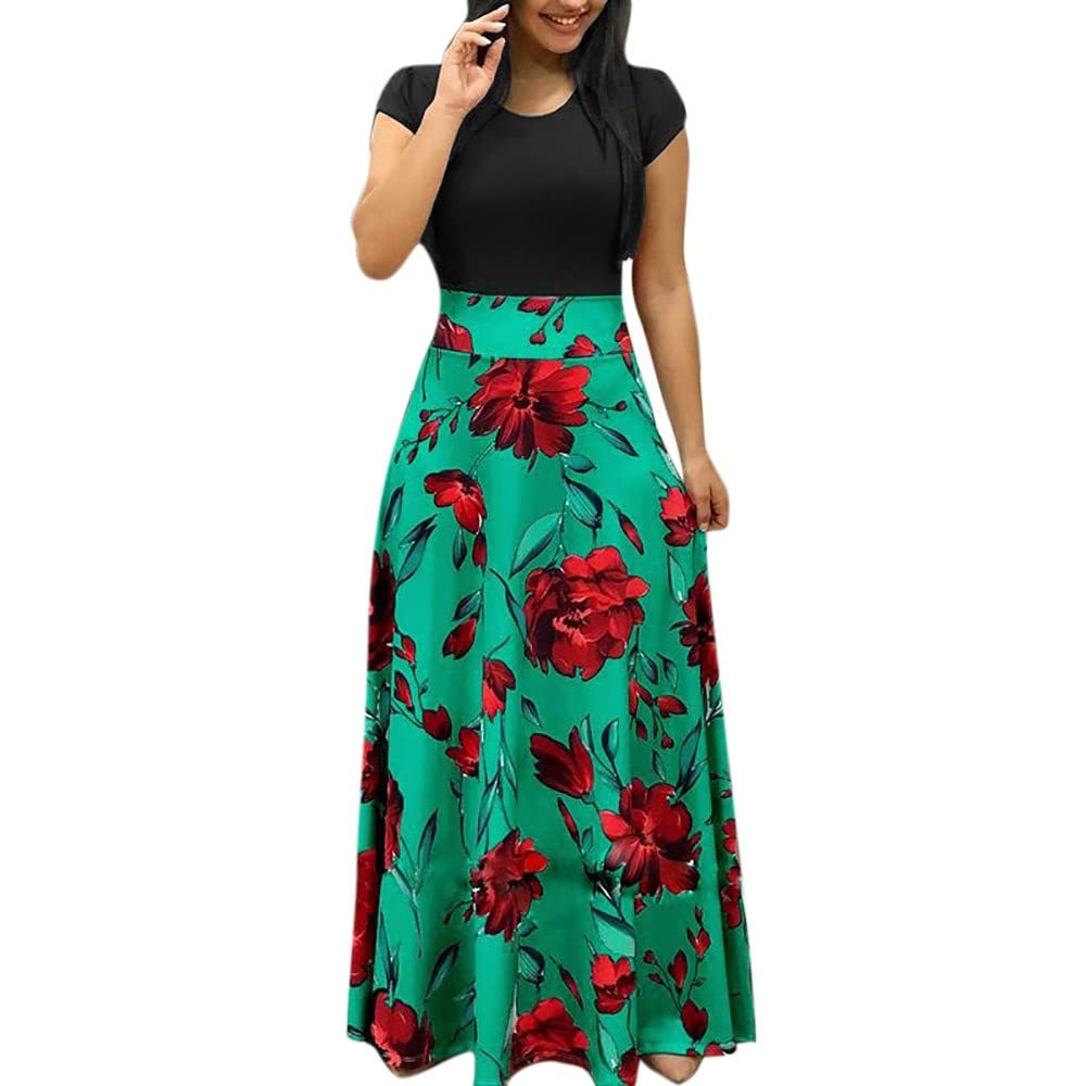 BISXOTY Women's Floral Printed A-Line Maxi Dress - Short Sleeve Round Neck Casual Long Dress for Wedding Guest, Party, Summer Vacation & Beach Outfits