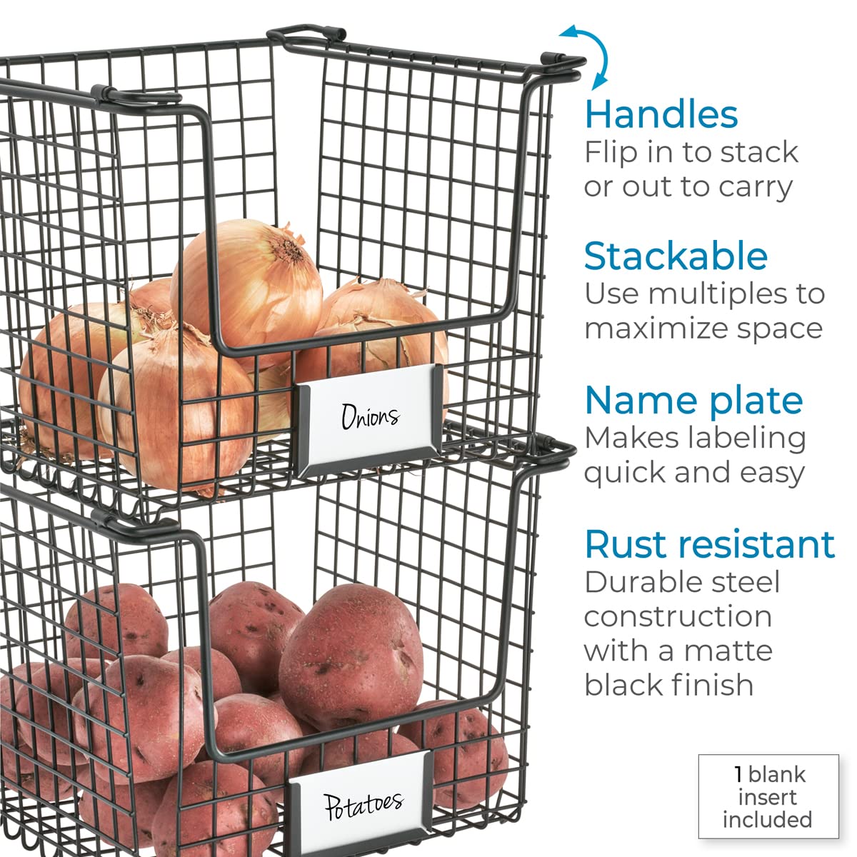 iDesign Classico Storage Basket with Handles - Medium Stackable Organizer for Pantry, Kitchen, Bathroom, Countertop & Desk - Perfect for Home, Office & Closet Organization