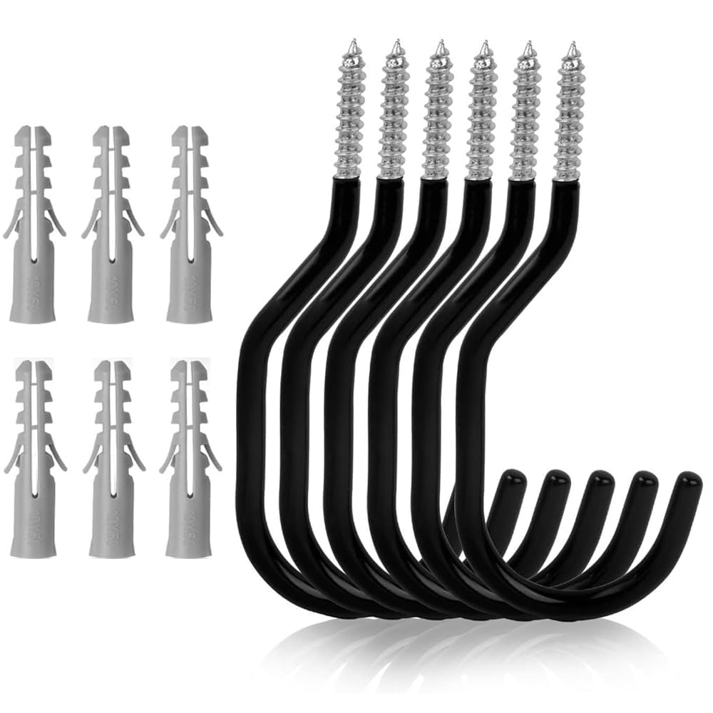 6-Pack Heavy Duty Bike Hooks - Black Ceiling & Wall Mount Bicycle Storage Hooks with Plastic Coating & Expansion Pipes - Ideal for Garage, Basement, Shed Organization & Bike Rack Hanging