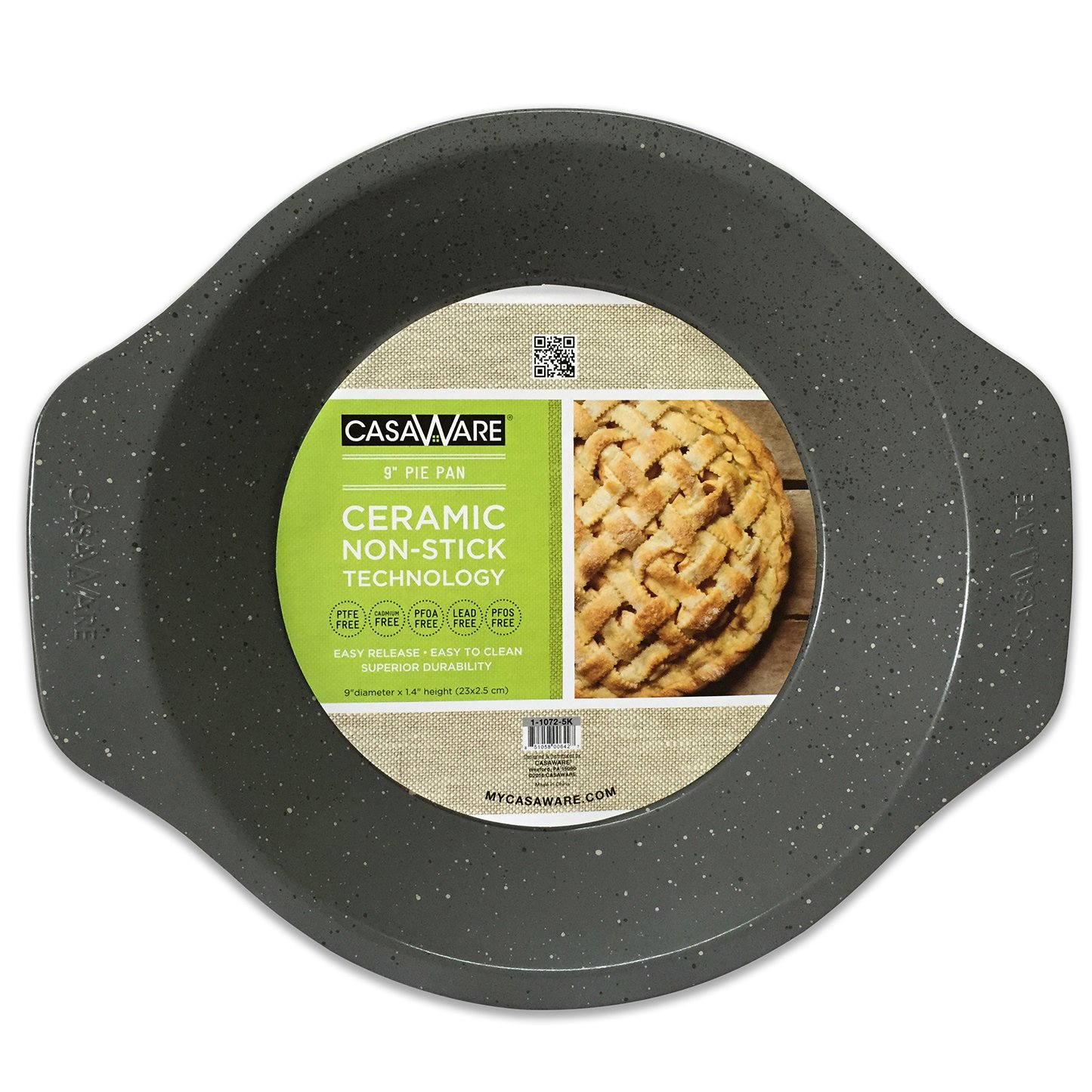CasaWare Ceramic Coated Non-Stick 9-Inch Pie Pan - Silver Granite Finish | Perfect for Baking Apple Pies, Quiches & Desserts | Oven & Dishwasher Safe