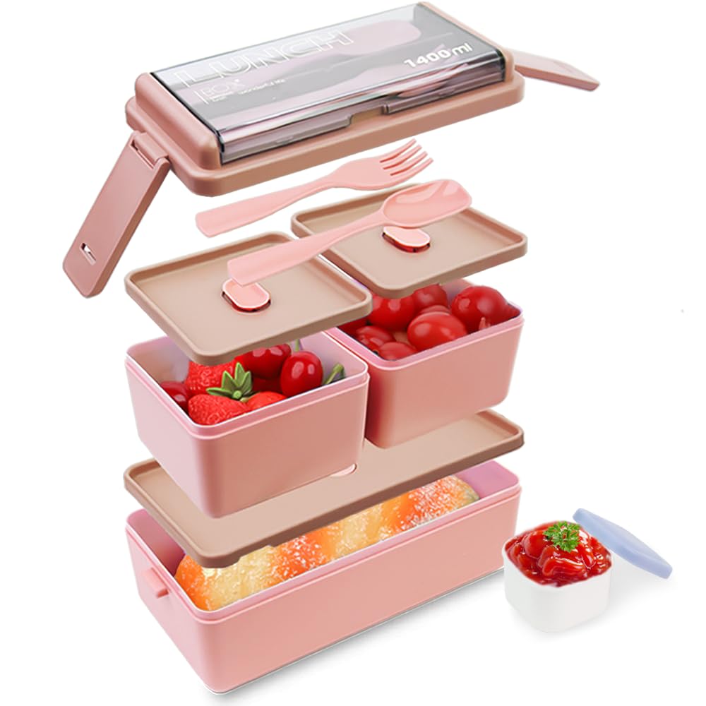 Bugucat 1400ML Stackable Bento Lunch Box - 2 Layer 3 Compartments Leak Proof Food Container with Cutlery Set for Adults & Kids (Pink) | Perfect for School, Office, Picnics & Meal Prep