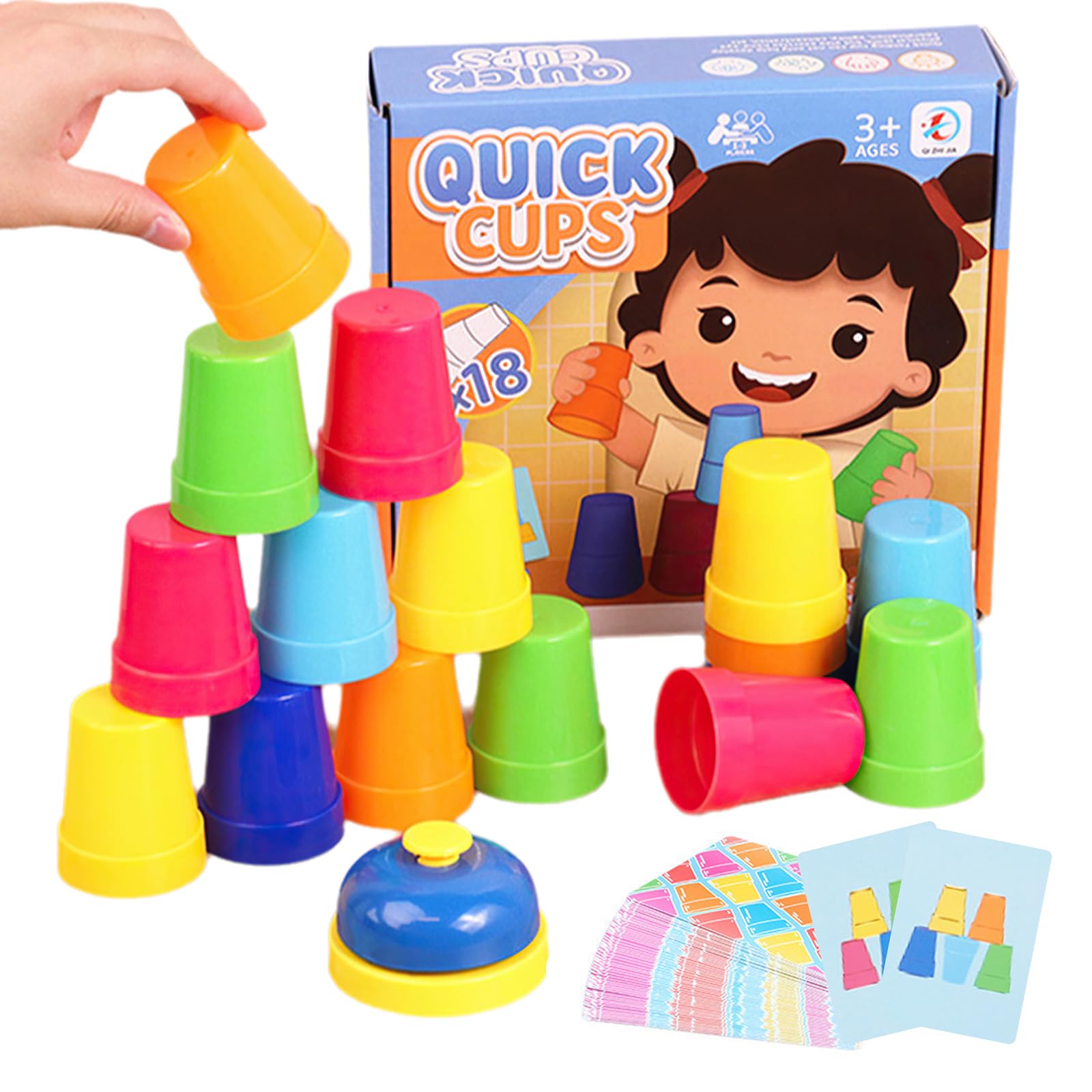 Quick Stacking Cups Set - Kids Speed Training Game with 54 Cards & Bell for Family Fun
