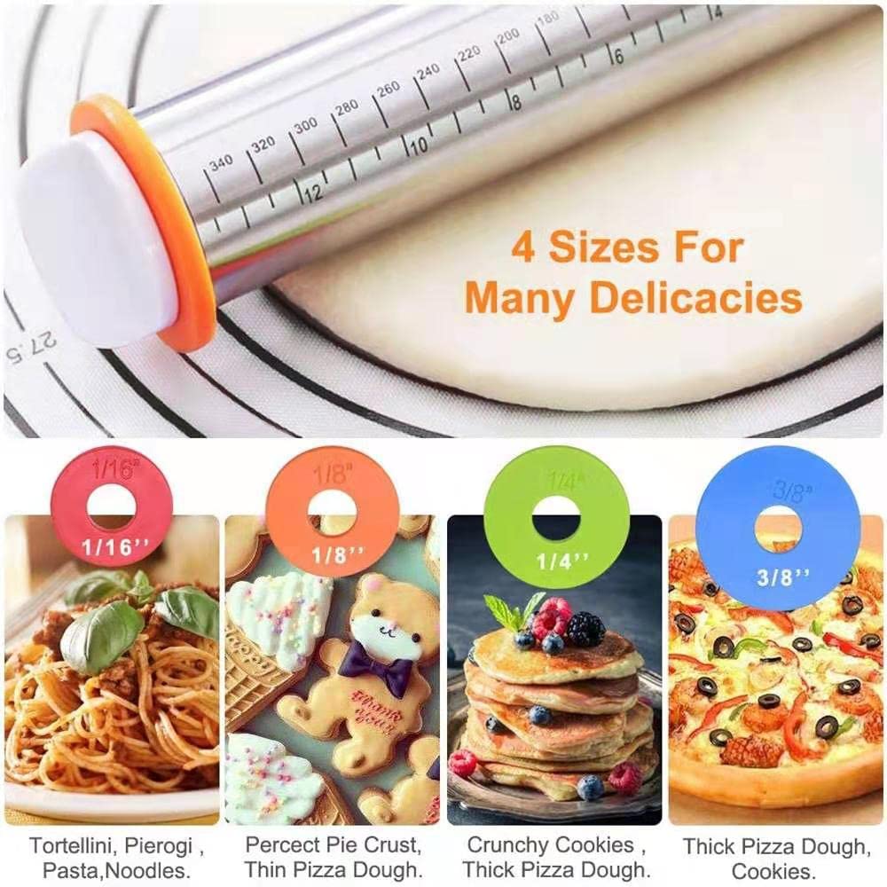 **Stainless Steel Rolling Pin & Baking Pastry Mat Set - Adjustable Thickness Rings for Fondant, Pizza, Pie, Pasta Dough - Perfect for Home Bakers & Professional Chefs**
