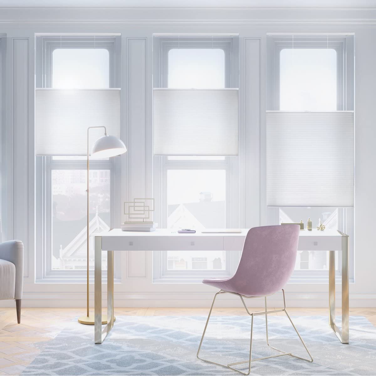 MOOD Top Down Bottom Up Cellular Shades - Cordless Honeycomb Blinds for Windows | Light Filtering, Insulation & Acoustic Comfort | Cool White 38