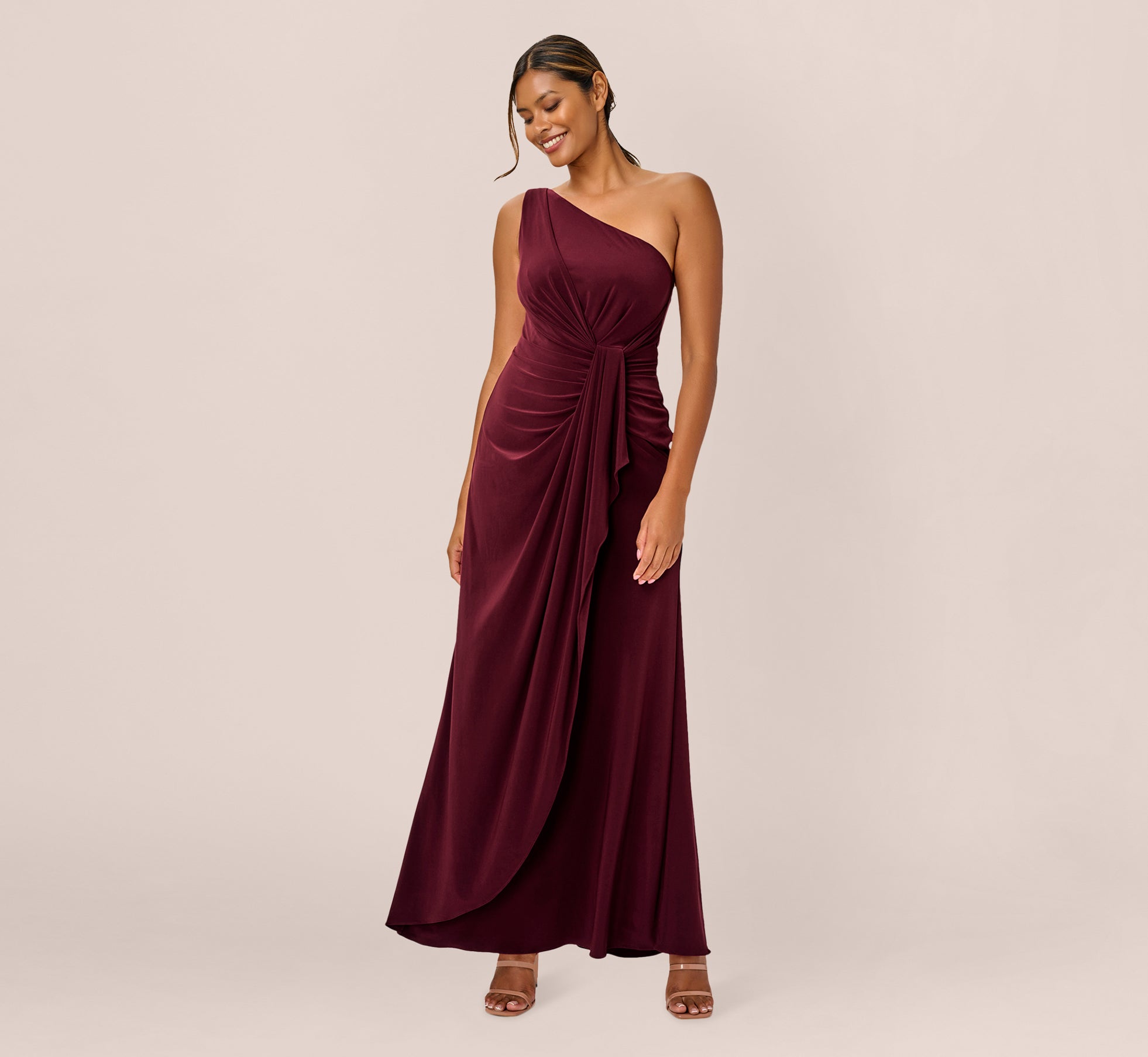 Elegant One Shoulder Dress with Draped Waist Detail in Red Wine - Perfect for Evening Parties, Date Nights & Special Occasions