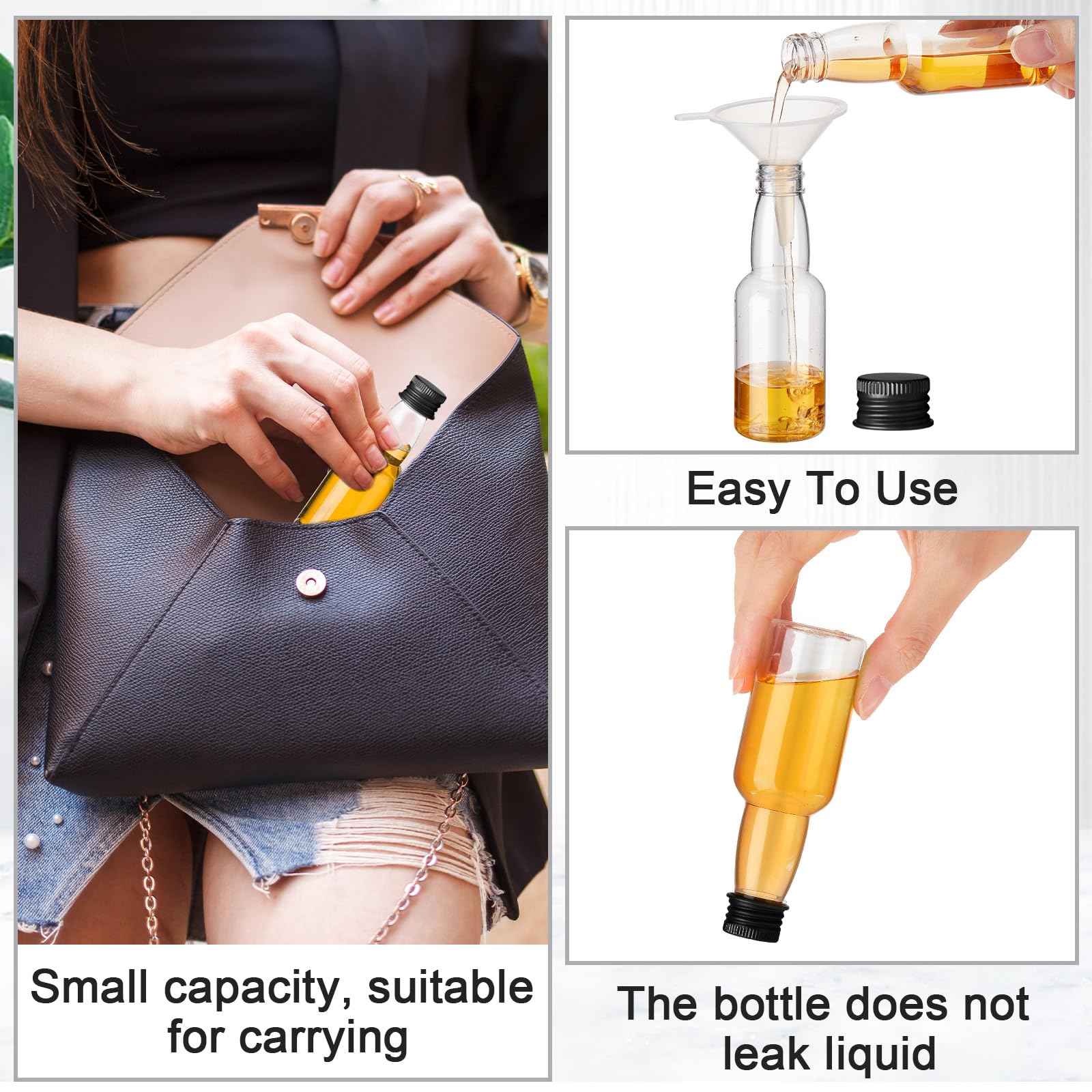 120 Pcs 2 oz Mini Liquor Bottles - Airtight Empty Plastic Shot Bottles with Funnels for Whiskey, Vodka & Cocktails - Perfect for Party Favors, Weddings, DIY Gifts & Home Bar Accessories (Black)