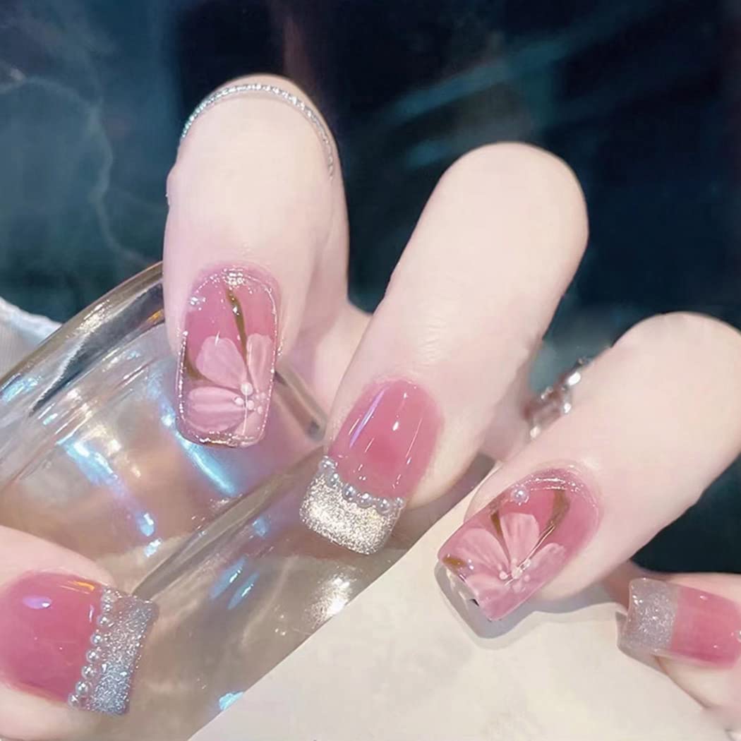 24pcs Uranian Square Press on Nails - Short French Fake Nails with Pearls & Flower Design, Glossy Pink False Nails with Bling Glitter - Full Cover Acrylic Nails Tips for Women & Girls (Flower Pink) | Perfect for Parties, Weddings, Date Nights & Special Occasions