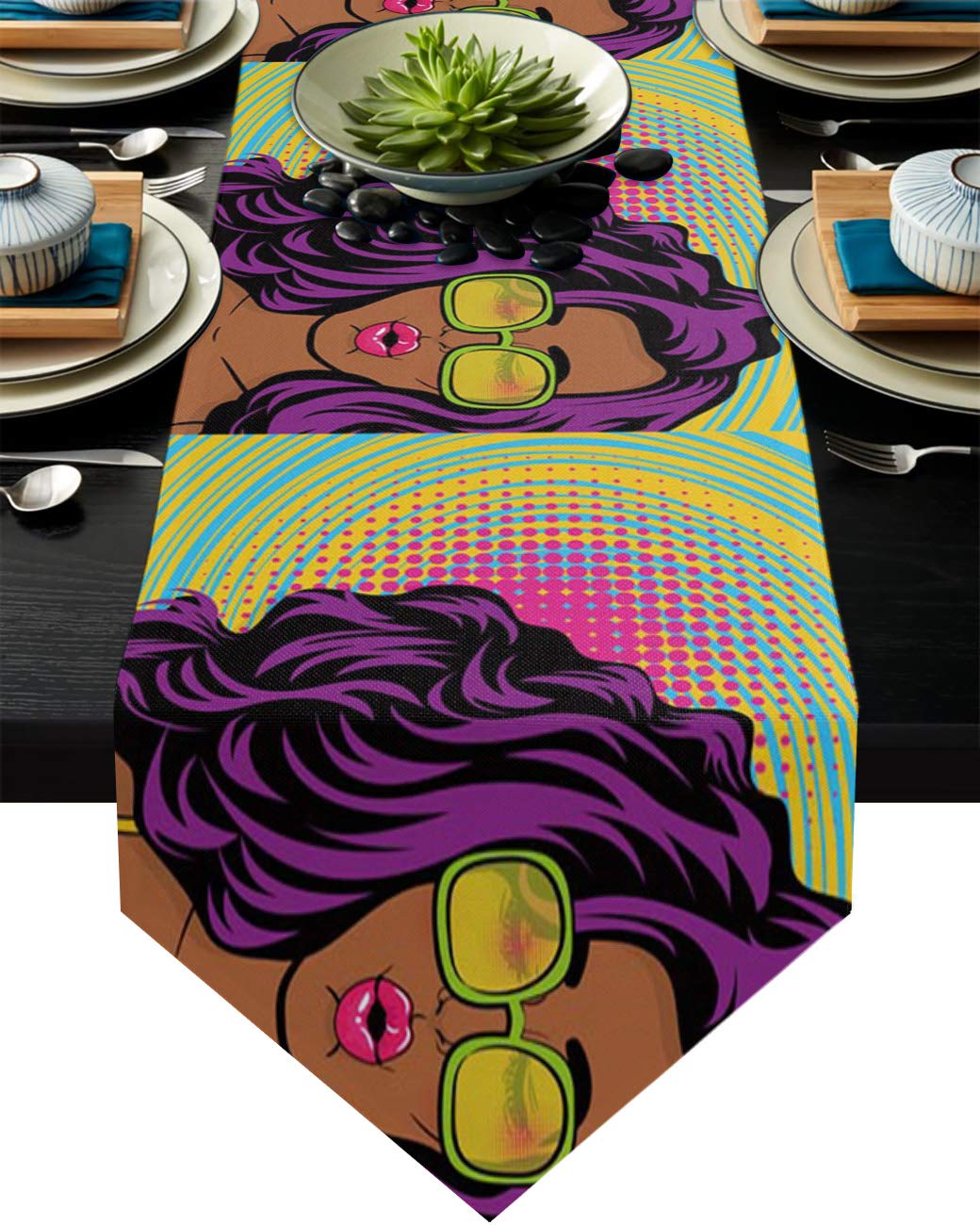 90-Inch Cotton Linen Table Runner - Elegant Yellow Glass & Purple Hair Design for Weddings, Parties & Home Decor | Machine Washable Tabletop Collection with Vortex Swirl Pattern | Perfect for Dining Tables, Buffets, and Event Backdrops