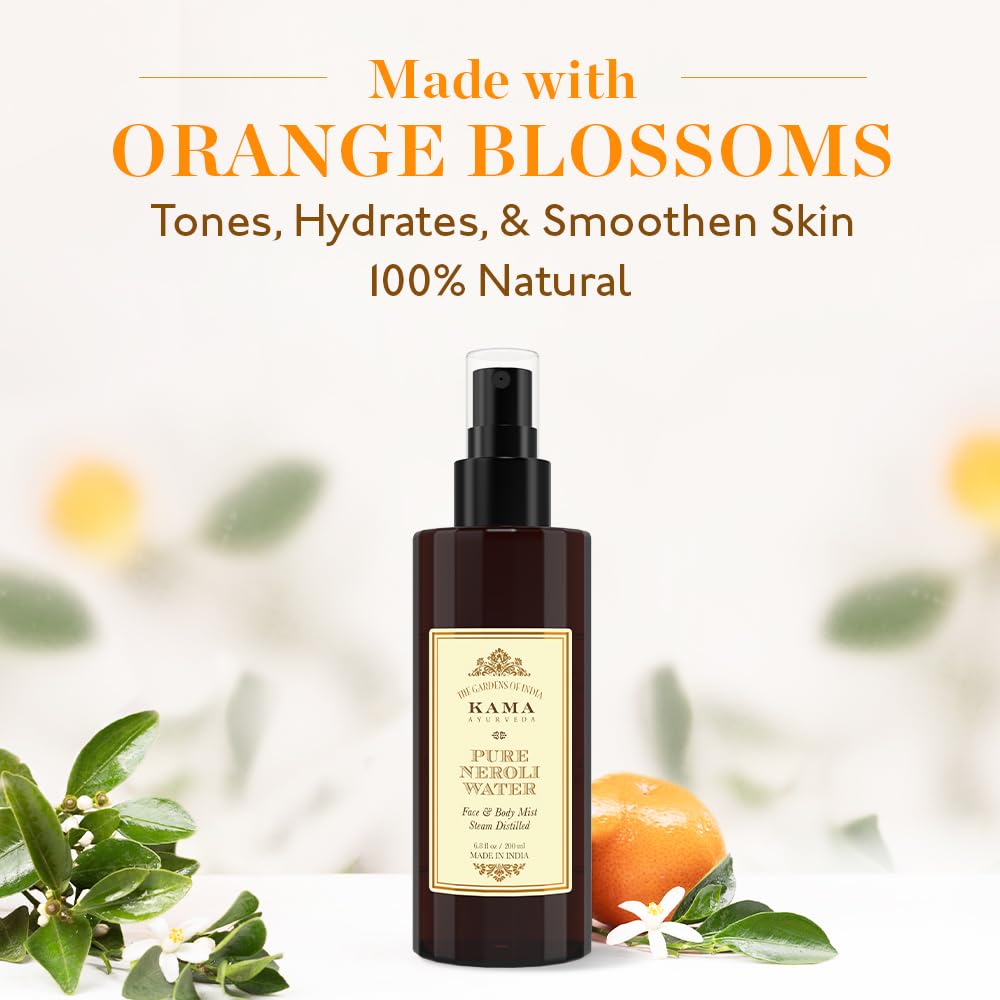 Kama Ayurveda Pure Neroli Water Facial Toner - 200ml | Organic Hydrating Mist for Glowing Skin | Perfect for Daily Skincare Routine & Travel