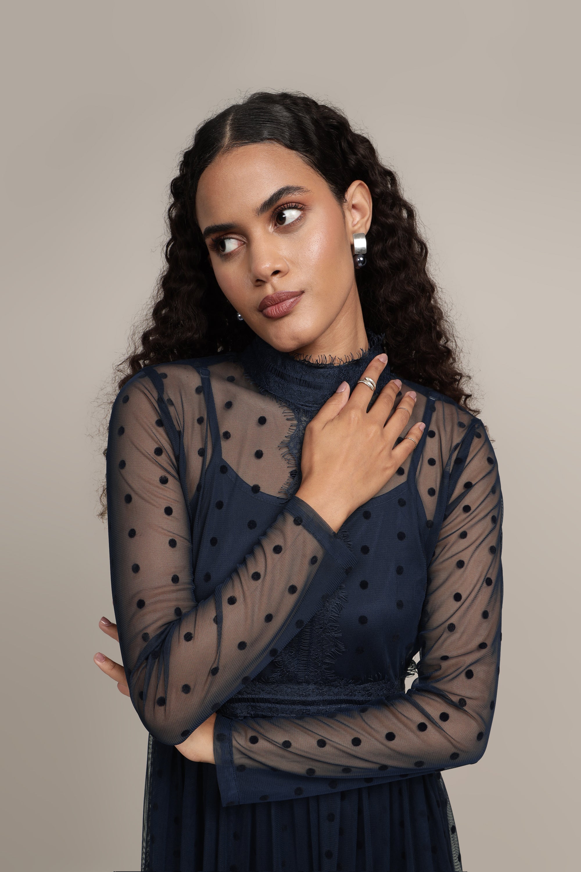 Roman Lola Navy Blue Polka Dot Midi Dress - Flowy Summer Dress for Women, Perfect for Beach Vacations, Brunch Dates & Casual Outings