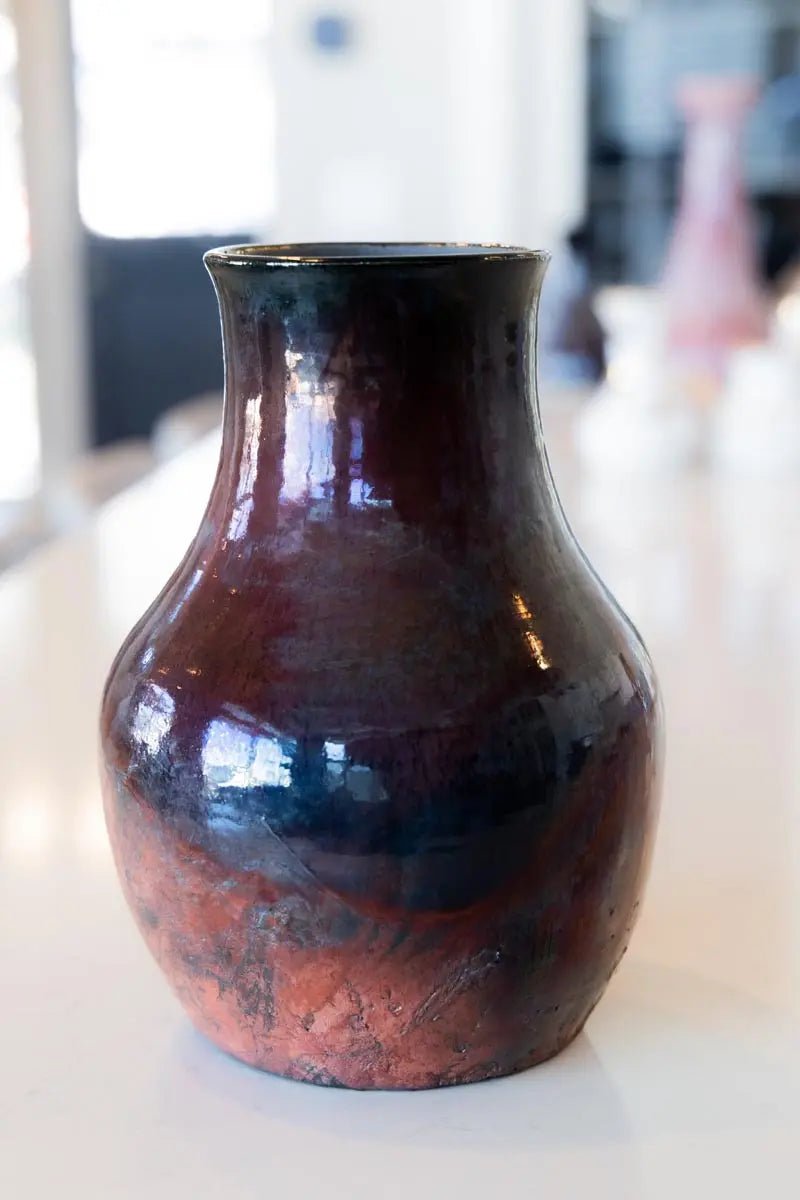 Large RAKU Decorative Pot (Coppers & Plums) - Handcrafted Ceramic Planter for Indoor Plants, Home Decor & Garden Accent - Perfect for Succulents, Flowers & Centerpieces