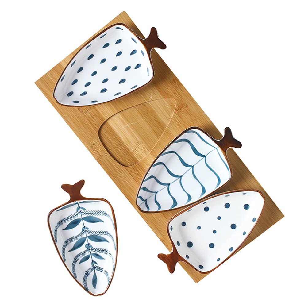Jojofuny 4Pcs Ceramic Sauce Dishes with Wooden Tray - Porcelain Sushi Dip Bowls, Side Dish & Dessert Plates for Appetizers, Nuts, Candy, Fruits - Perfect for Parties, Dining & Entertaining