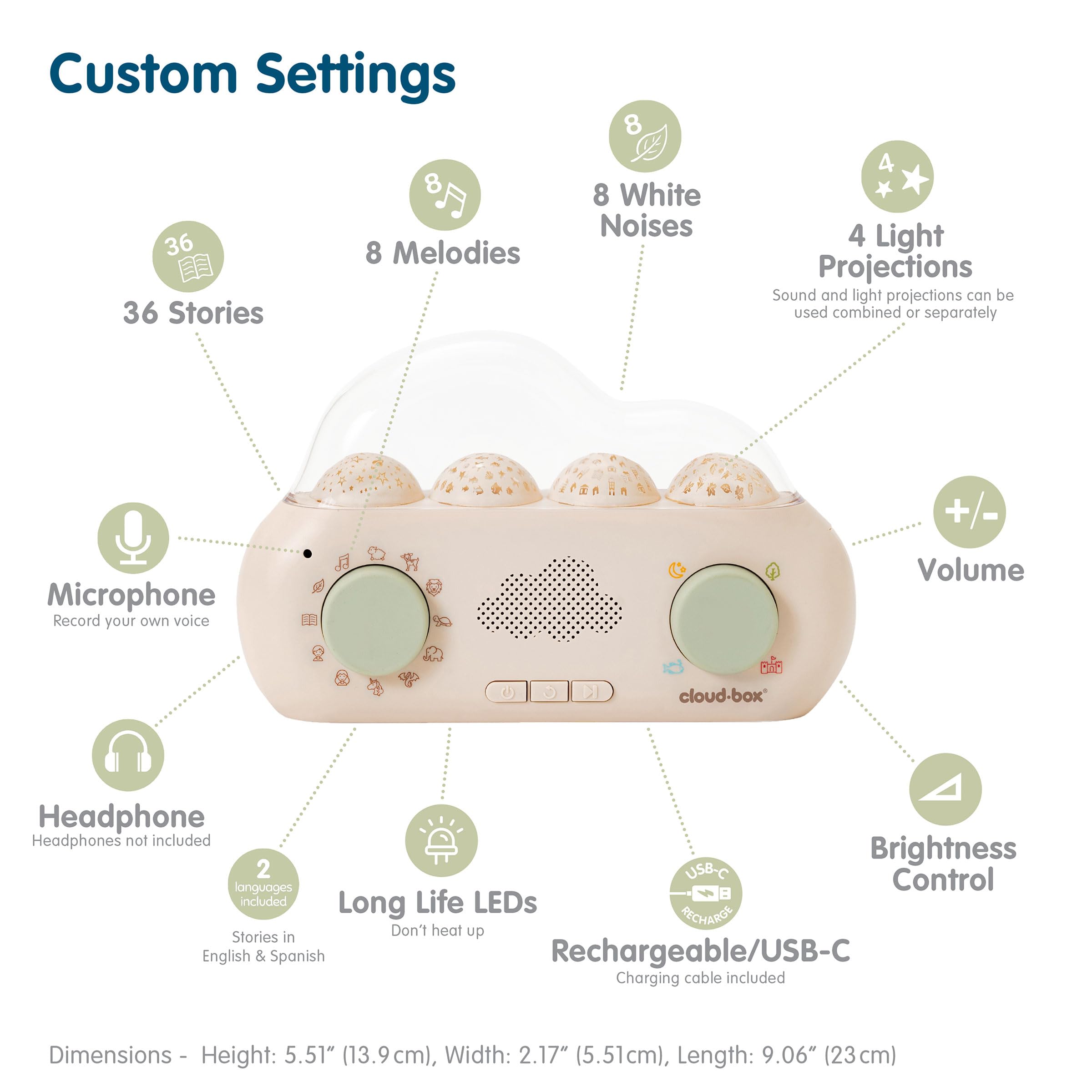 Cloud b CloudBox - My First Dreambox Night Light Projector for Kids | Bilingual English/Spanish Storyteller with 36 Stories, 8 Melodies & 8 Soothing White Noises | Rechargeable Baby Night Light with Adjustable Brightness & Auto-Off Timer | Perfect for Bedtime, Nursery, and Relaxation