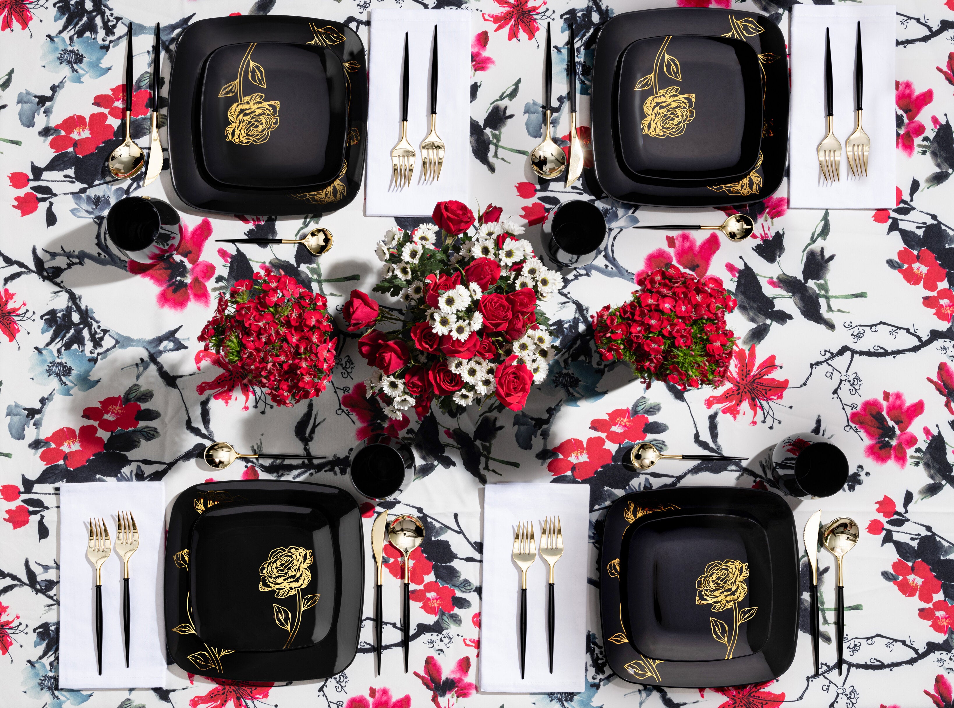 32-Piece Black & Gold Square Plastic Dinnerware Set - 16 Place Settings - Shatterproof Party Plates & Cups - Perfect for Weddings, BBQs, and Outdoor Events