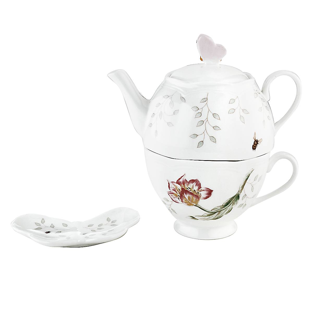 Butterfly Meadow 3-Piece Porcelain Tea Set - Floral Tea Cups with Saucers & Teapot for Afternoon Tea, Garden Parties & Home Decor