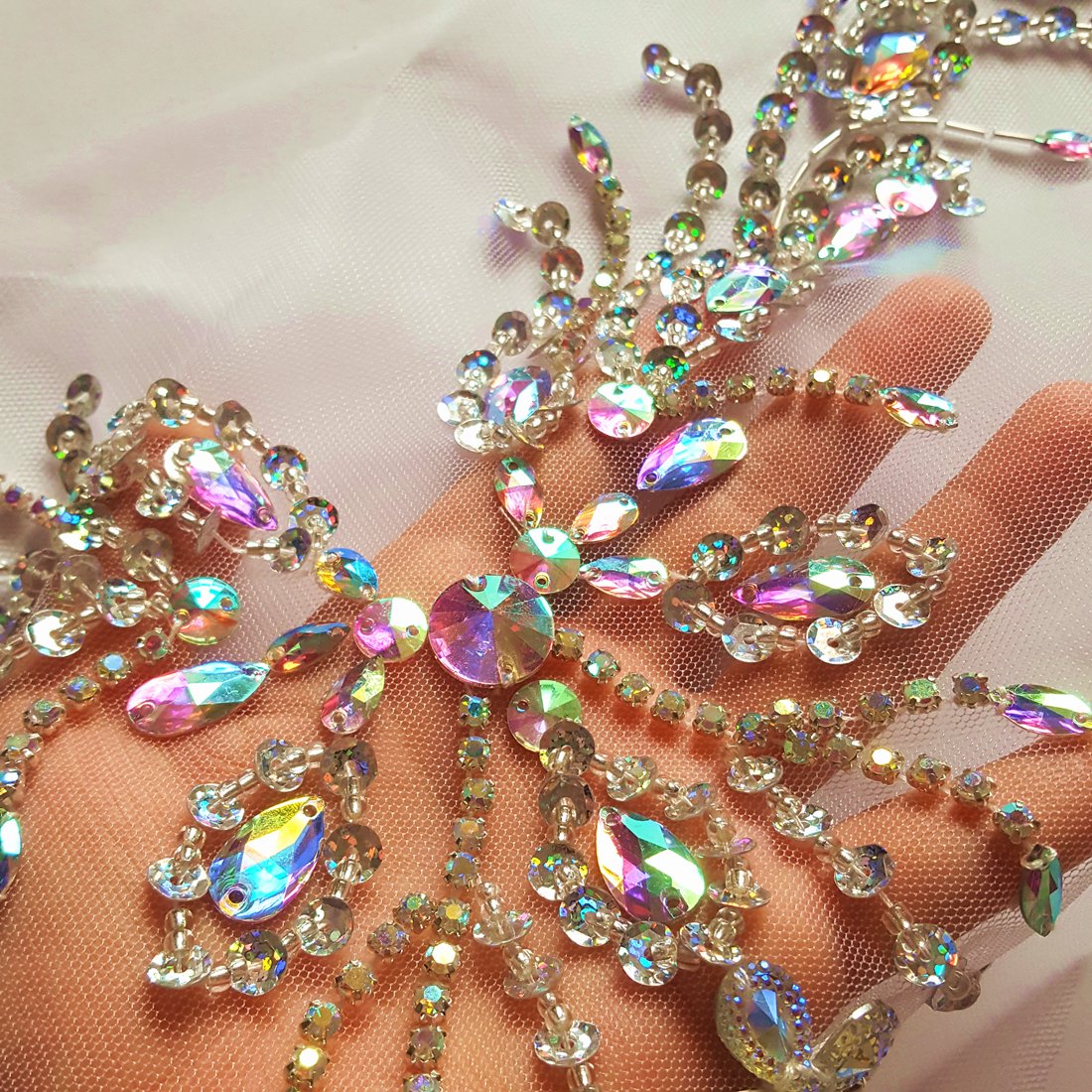 Sparkle Beaded V-Neck AB Crystal Rhinestone Bridal Applique Patch - 12x15 Inch Sew-on Embellishment for Wedding Dresses, Prom Gowns & DIY Craft Projects - Perfect for Neckline Decoration and Costume Design