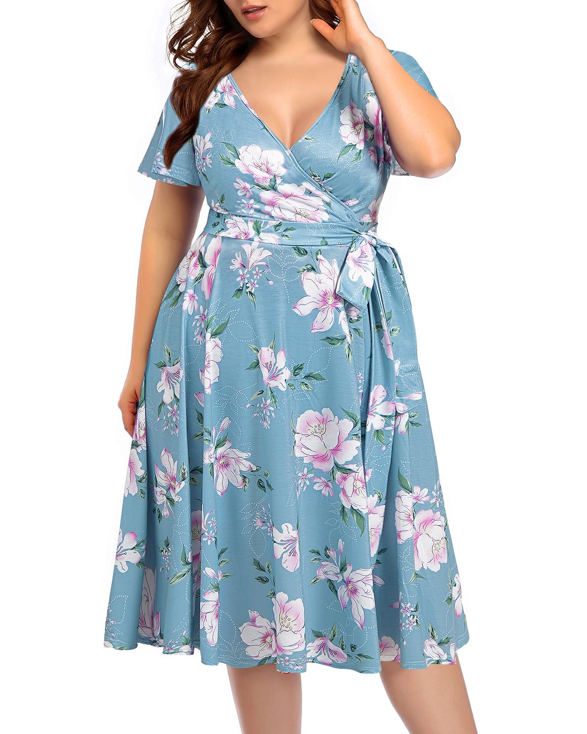 Plus Size Pinup Fashion Women's Cocktail Dress - Semi Formal Wrap Empire Waist Midi Dress for Wedding Guest, Party & Special Occasions