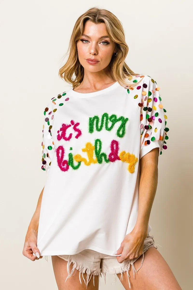 BiBi Metallic Letter Spangle Raglan Puff Sleeve Top | Trendy Women's Graphic Tee for Casual Wear, Party & Date Night Outfits
