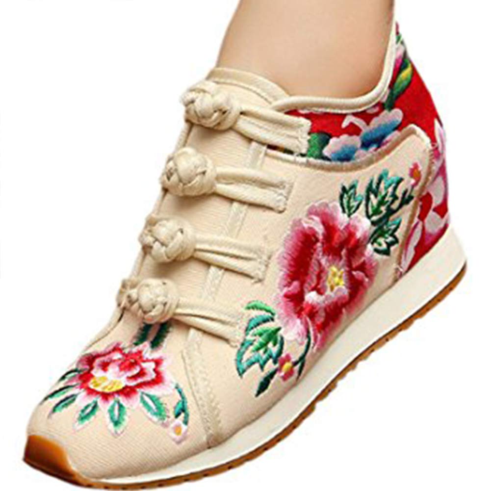 YIBLBOX Women's Chinese Traditional Peony Embroidered Cloth Shoes - Handmade Comfortable Wedge Heel Walking Shoes for Casual Wear, Travel & Cultural Events