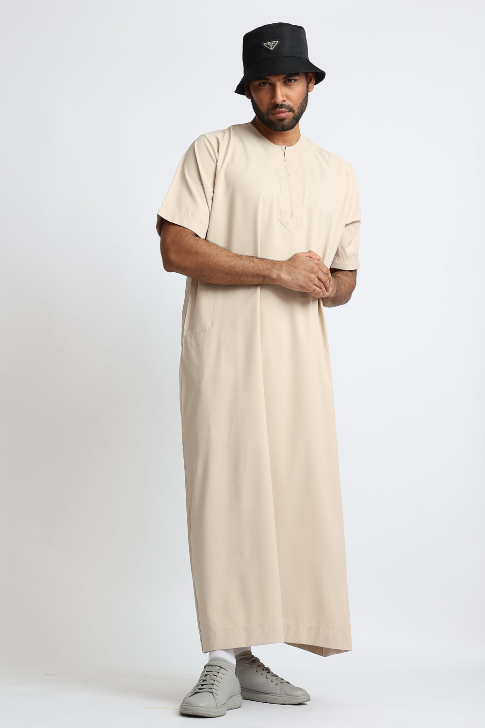 Premium Almond Half Sleeve Thobe for Men - Lightweight Cotton Islamic Prayer Dress - Perfect for Eid, Mosque & Special Occasions