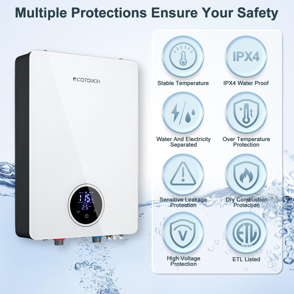 **18kW Tankless Electric Water Heater - ECOTOUCH Instant On-Demand Hot Water Heater 240V, Under Sink Point of Use with ETL Certification & Self-Modulation (ECO180S, White) – Perfect for Small Homes, Apartments & RVs**