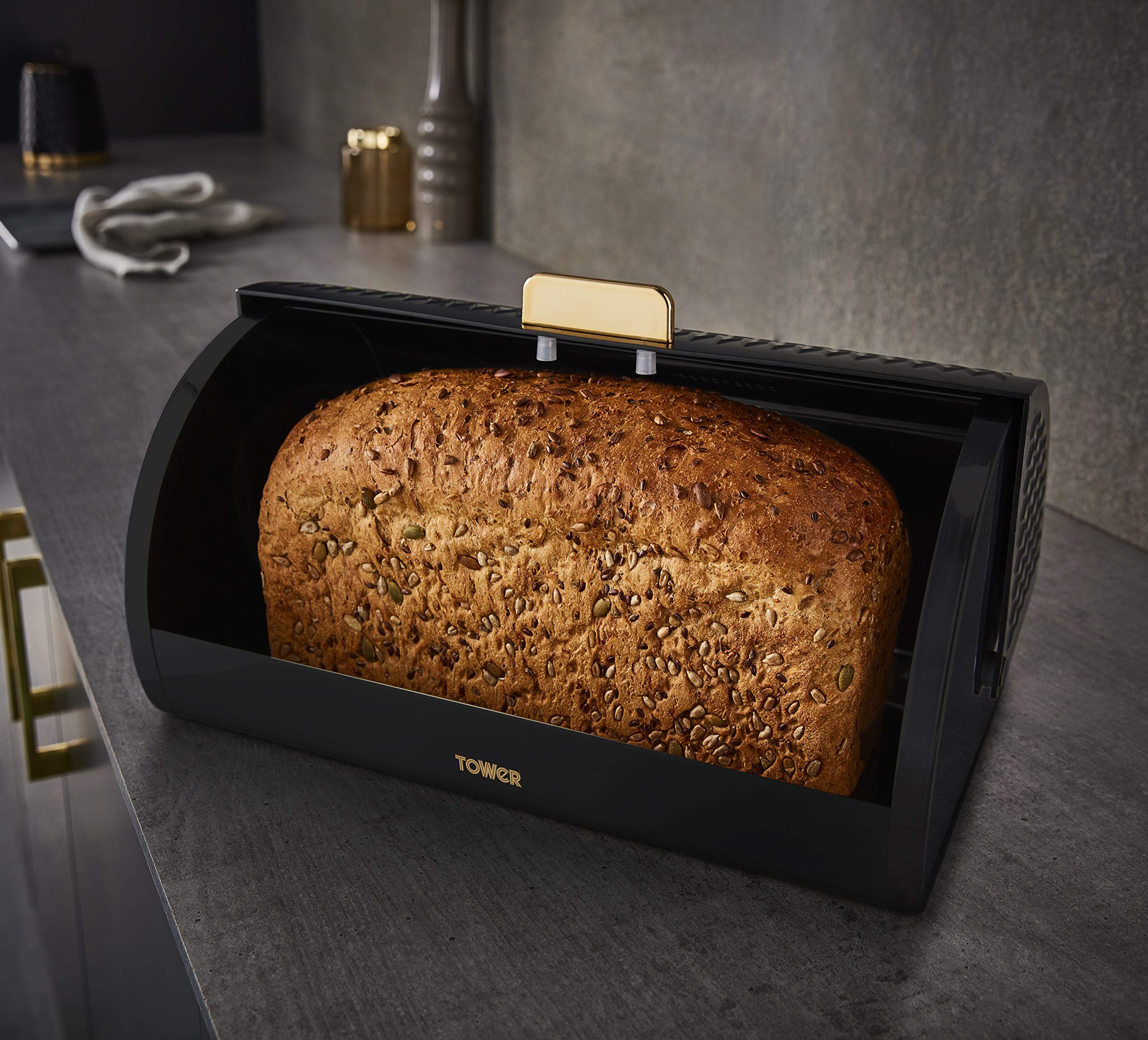 Empire Roll Top Bread Bin - Stainless Steel with Black & Brass Finish - Perfect for Kitchen Storage & Countertop Organization - Ideal for Bread, Pastries & Baked Goods