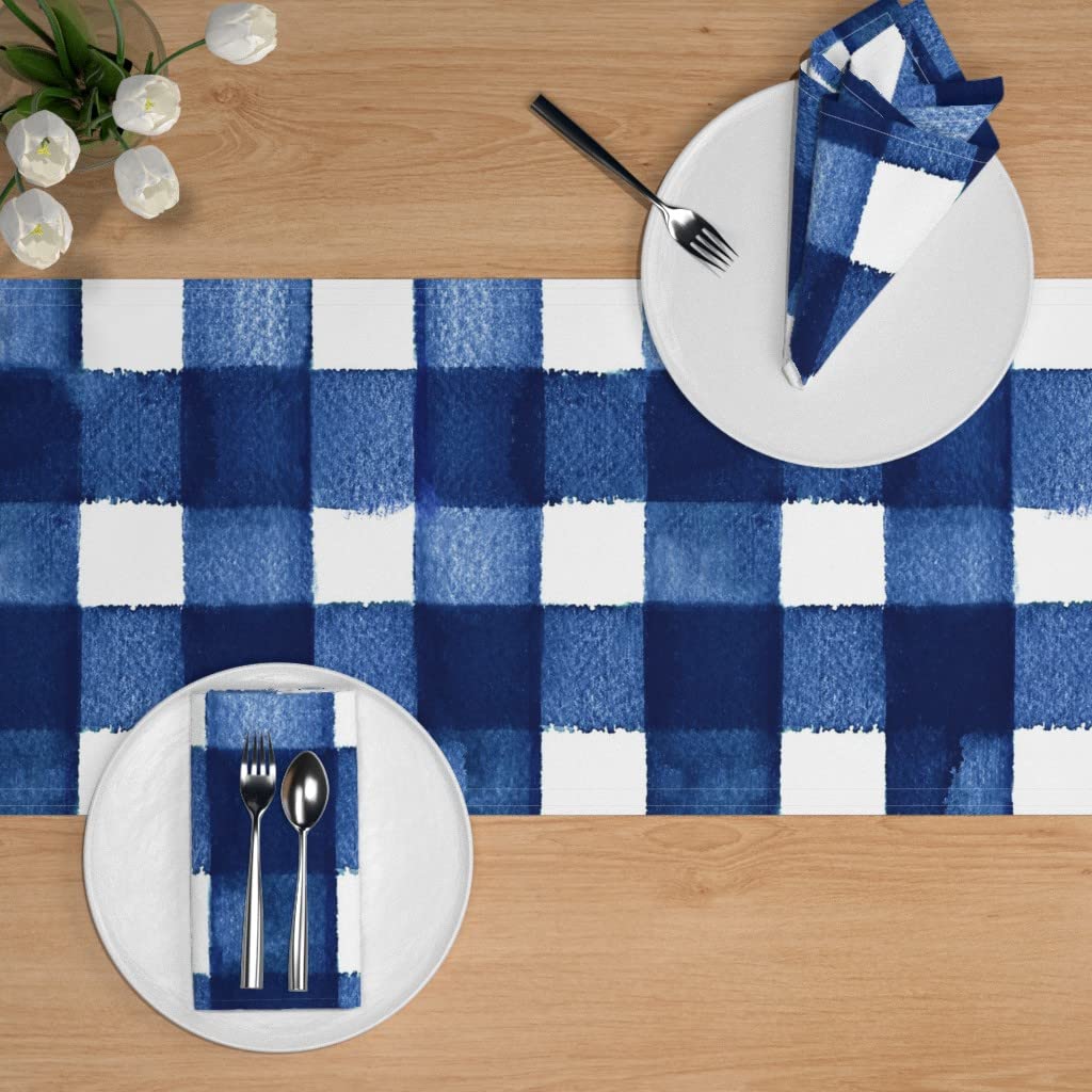 Custom Midnight Blue Gingham Check Cotton Sateen Table Runner 90