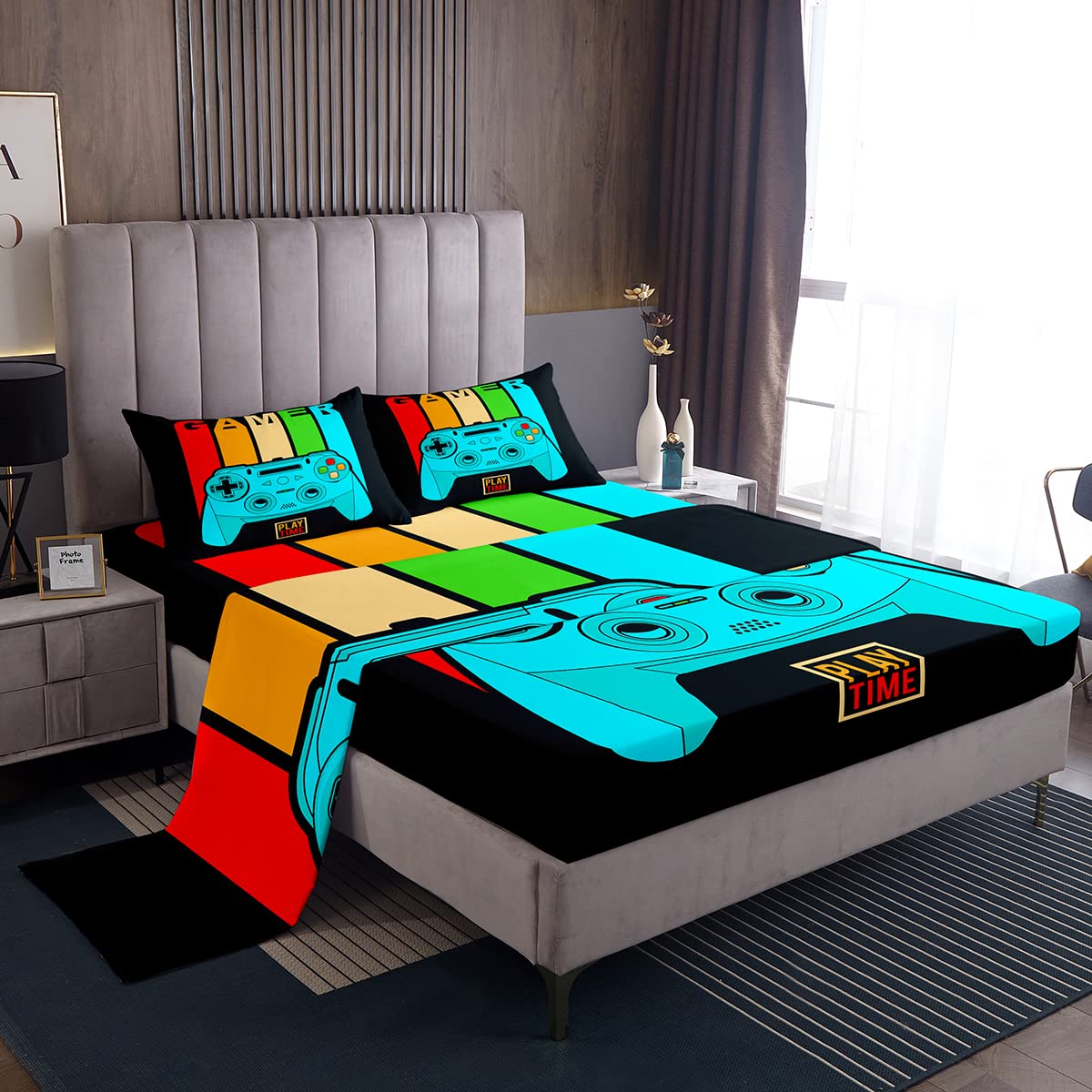 Boys Video Game Bed Sheets Set - Soft Lightweight PC Gamer Bedding with Rainbow Stripes & Controller Design, Includes 1 Flat Sheet, 1 Fitted Sheet & 1 Pillowcase - Perfect for Gaming Rooms, Teen Bedrooms, Dorm Decor & Sleepovers