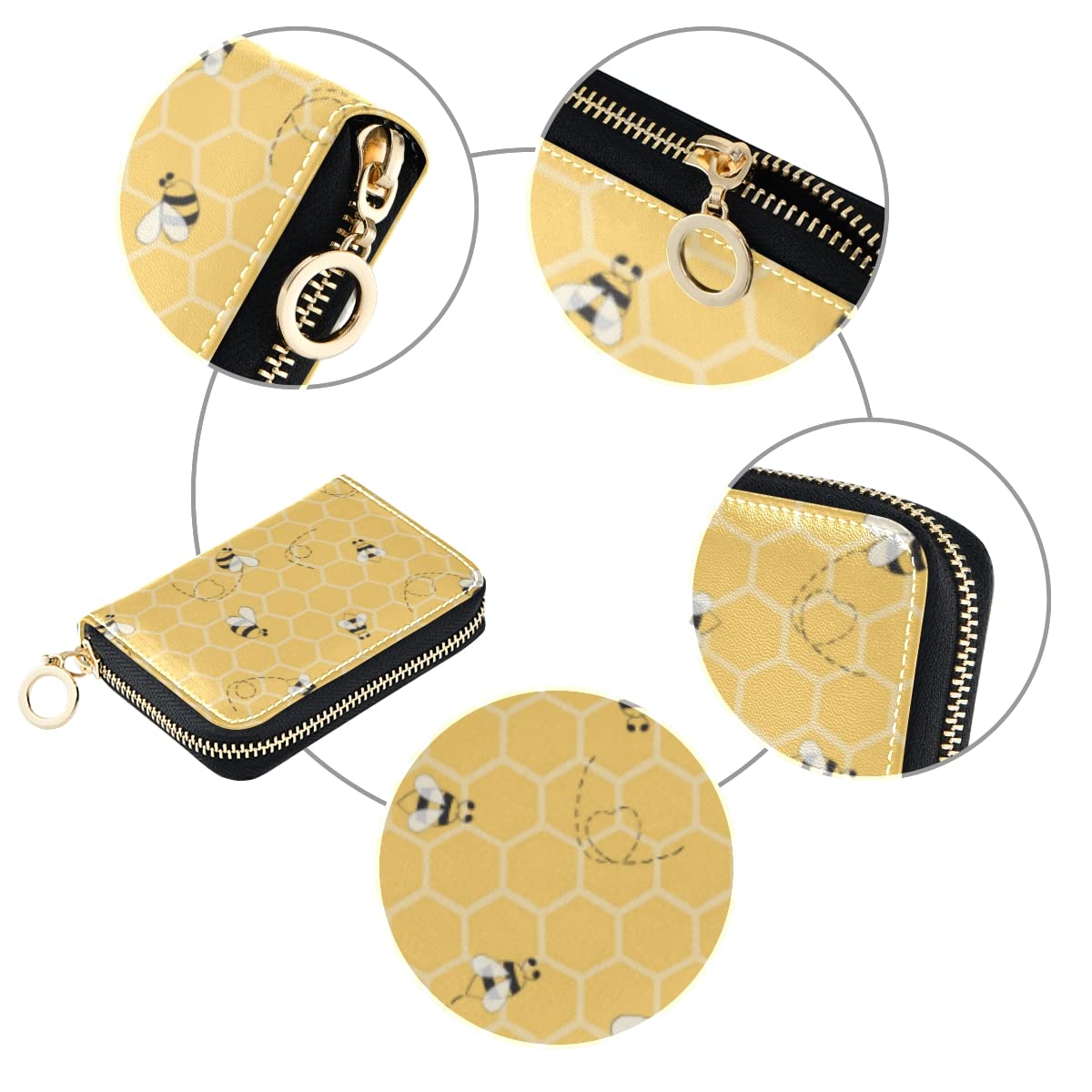 Cute Yellow Bee Honeycomb RFID Blocking Leather Wallet for Women - Credit Card Holder with Zipper Pocket & Coin Purse - Perfect for Travel, Shopping and Daily Use