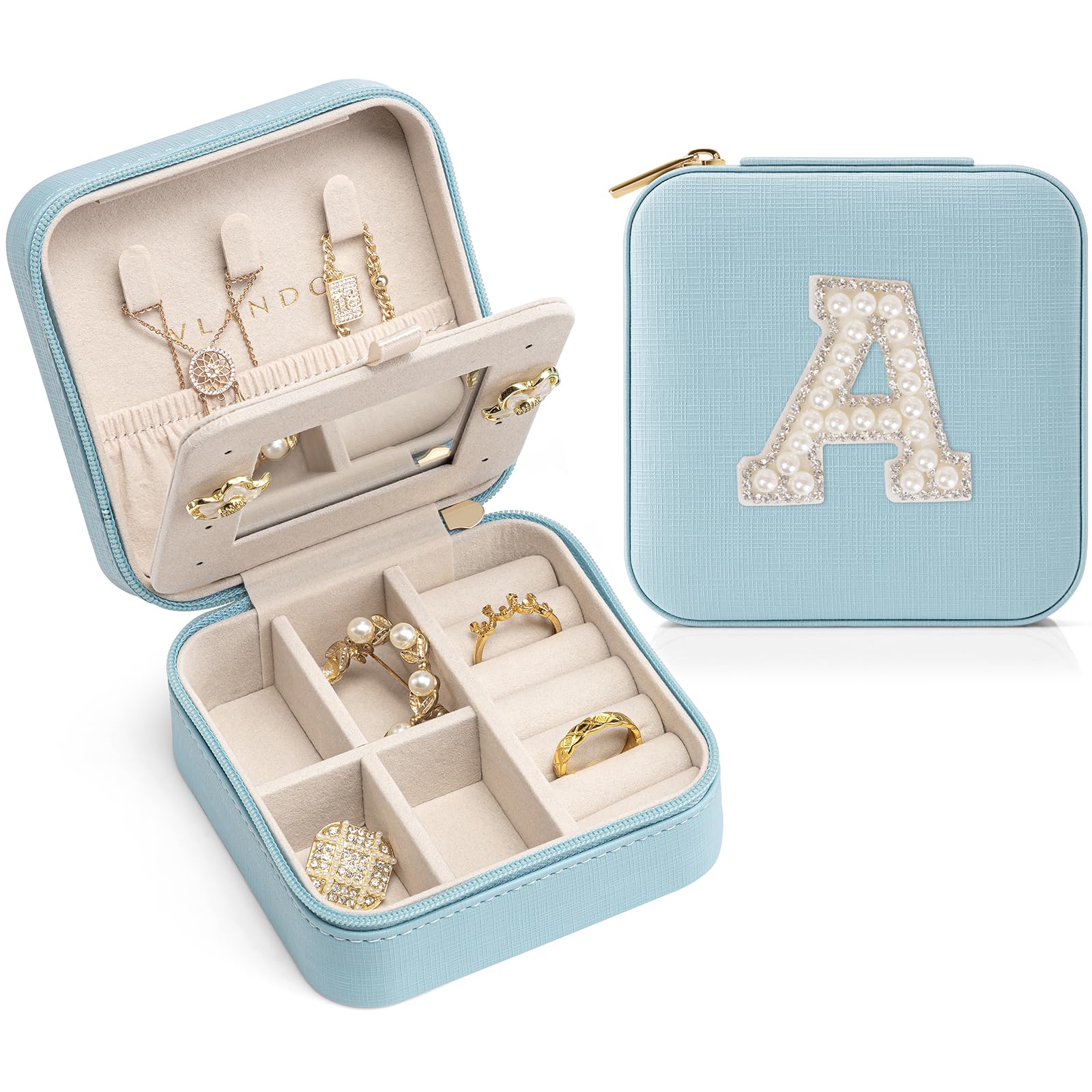 Vlando Teacher Appreciation Gifts for Women - Blue Travel Jewelry Organizer Box with Monogram Letter A | Perfect Teacher Thank You Gift, Women's Travel Accessories & Jewelry Storage Case | Great for Vacations, Business Trips and Daily Use