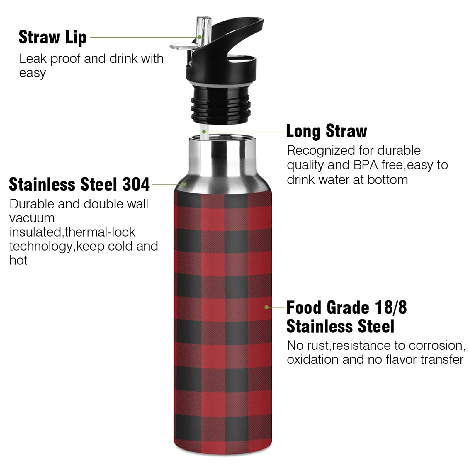 **TropicalLife Insulated Stainless Steel Water Bottle with Straw – Christmas Red & Black Buffalo Plaid Pattern – Vacuum Insulated Tumbler for School, Sports, Hiking & Outdoor Activities**