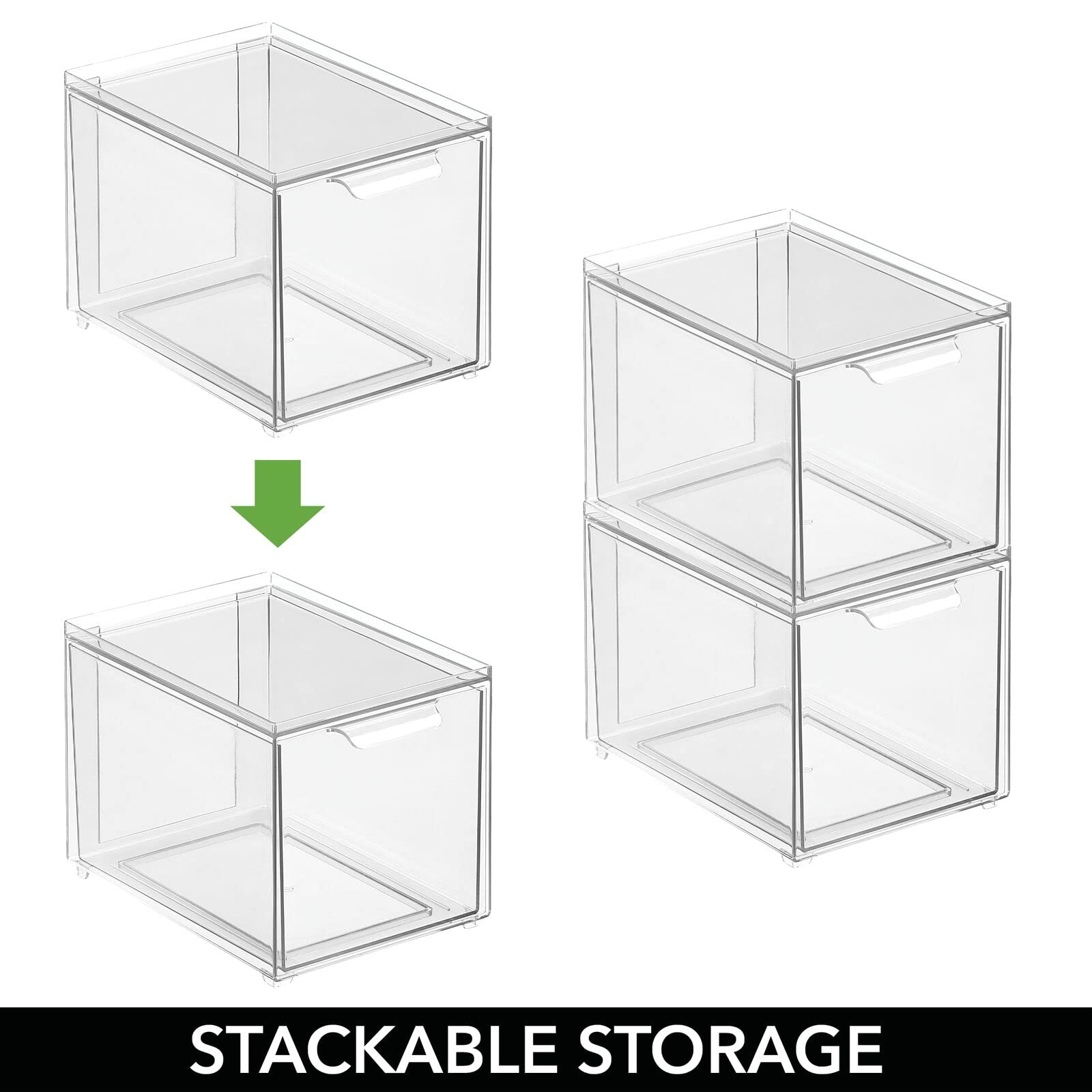 mDesign Clear Plastic Stackable Closet Storage Organizer with Pull-Out Bins - 4 Pack for Cabinet, Desk, Shelf & Cupboard Organization - Lumiere Collection | Space-Saving Solution for Bedroom, Bathroom & Office Clutter