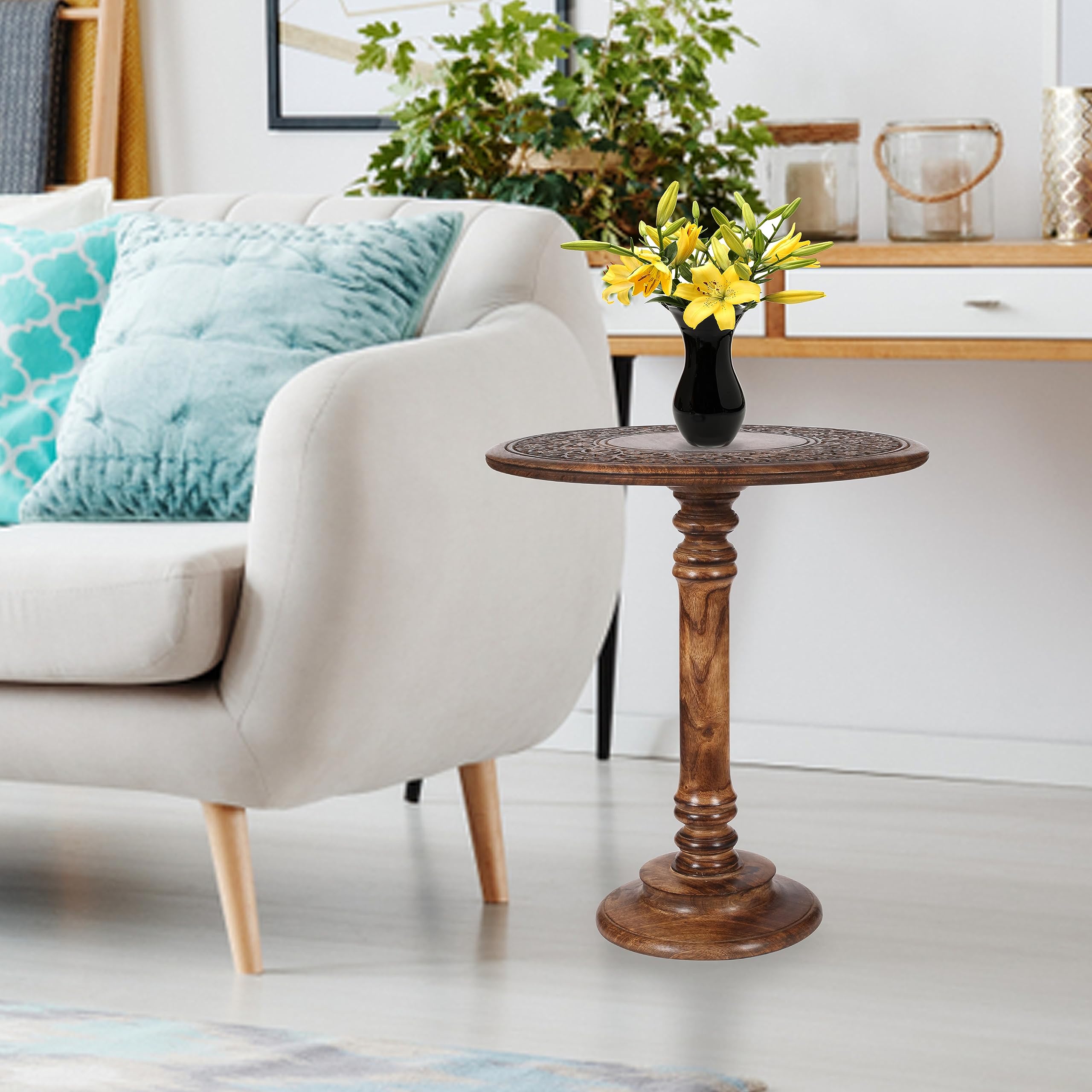 Hand-Carved Wooden Side Table - 18x22 Inch Small End Table with Burnt Antique Finish for Living Room, Entryway, Bedroom - Perfect for Magazines, Books & Plants Decor